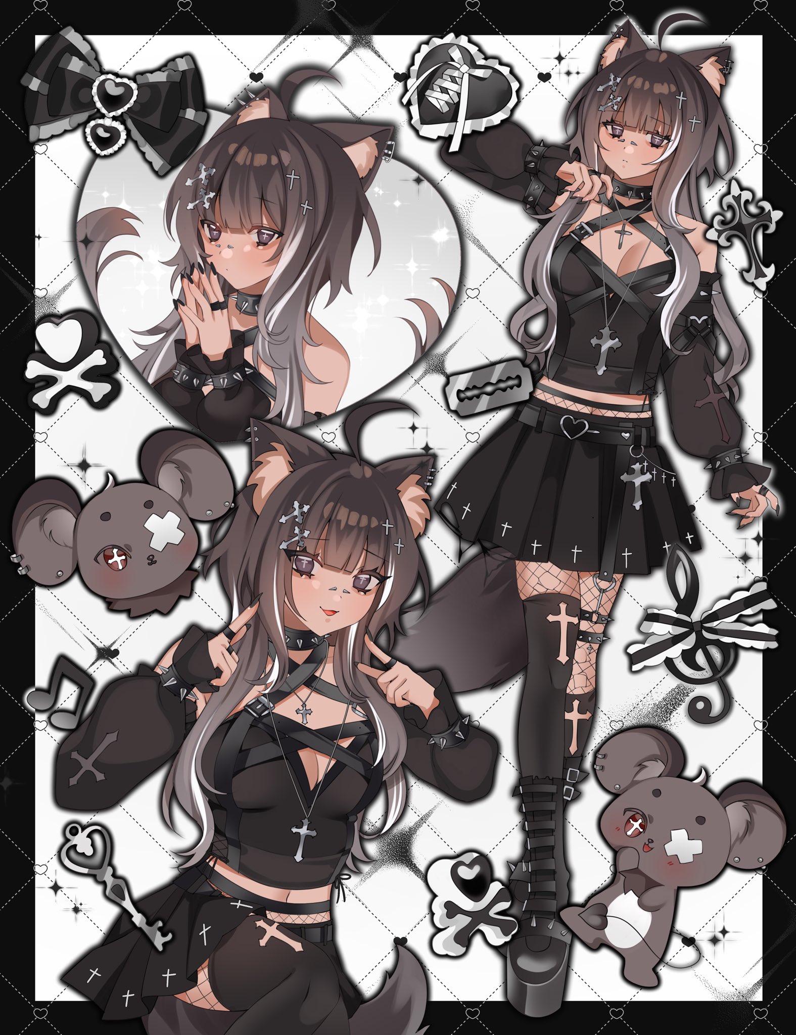 cali kki, indie virtual youtuber, commentary, commission, english commentary, highres, 1girl, ahoge, animal ear fluff, animal ear piercing, animal ears, black boots, black border, black choker, black shirt, black skirt, black thighhighs, blunt bangs, boots, border, breasts, brown eyes, brown hair, cat ears, cat girl, cat tail, choker, cleavage, fishnet pantyhose, fishnets, hand up, hands up, jewelry, knee boots, long hair, long sleeves, looking at viewer, medium breasts, miniskirt, multiple rings, multiple views, open mouth, outside border, own hands together, pantyhose, peachyecc (vtuber), pointing, pointing at self, razor blade, ring, shirt, skirt, smile, solo, tail, thighhighs, treble clef, virtual youtuber, white background