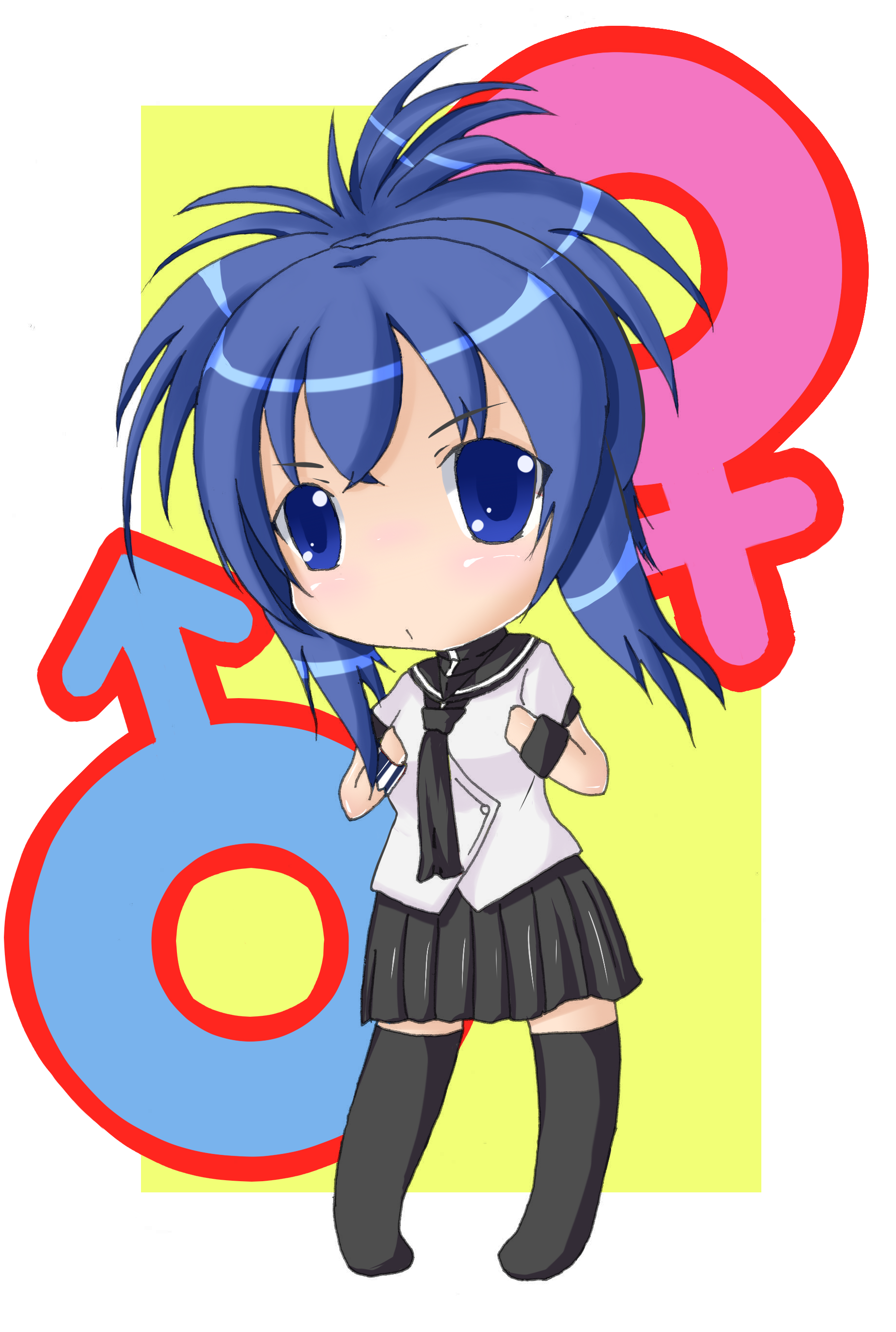 mashiro mu, senou natsuru, kampfer, absurdres, bad id, bad pixiv id, highres, 00s, blue eyes, blue hair, chibi, skirt, solo, thighhighs