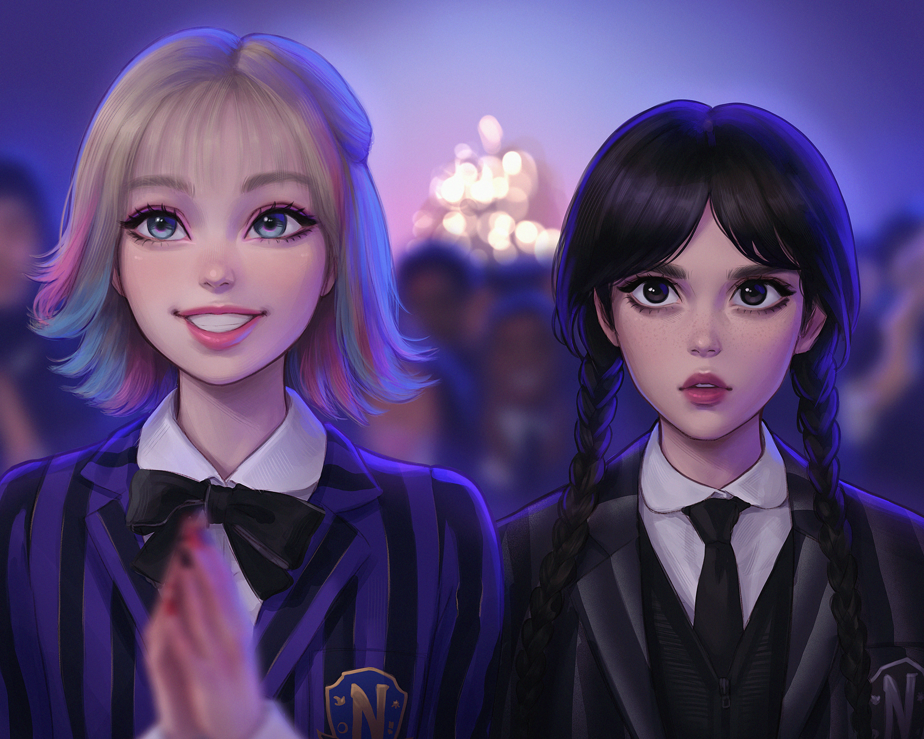 umigraphics, enid sinclair, wednesday addams, the addams family, wednesday (netflix), commentary, english commentary, highres, 2girls, 6+others, black eyes, black hair, black necktie, blonde hair, blue eyes, blurry, blurry background, braid, braided twintails, collared shirt, jacket, lips, long hair, multiple girls, multiple others, necktie, school uniform, shirt, short hair, smile, striped clothes, striped jacket, twin braids, vertical-striped clothes, vertical-striped jacket