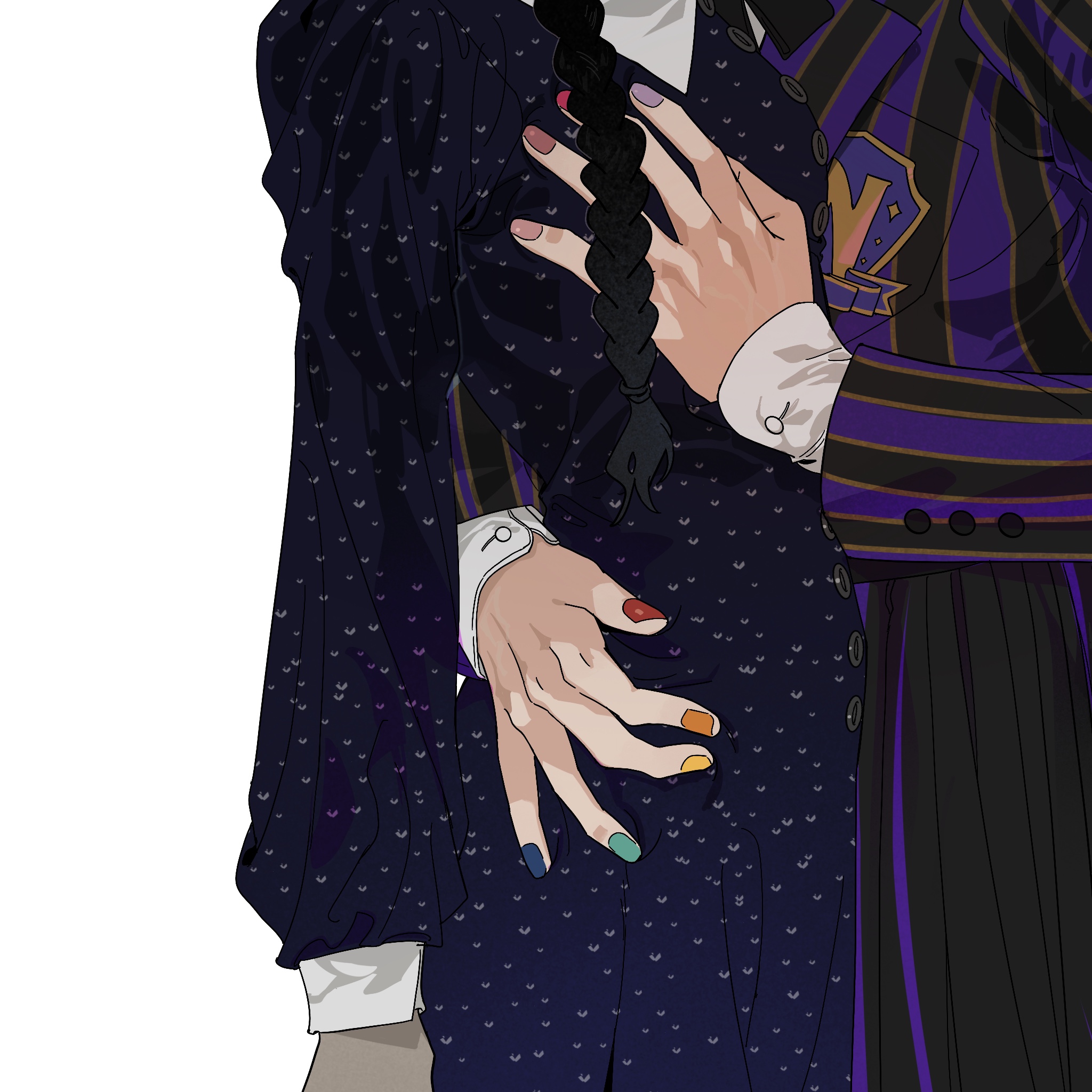 tuxiaoning not, enid sinclair, wednesday addams, the addams family, wednesday (netflix), hashtag-only commentary, highres, 2girls, black dress, black hair, black jacket, black skirt, braid, dress, head out of frame, hug, jacket, long hair, multicolored nails, multiple girls, nail polish, nevermore academy school uniform, purple jacket, purple skirt, school uniform, simple background, skirt, striped clothes, striped jacket, striped skirt, white background, yuri