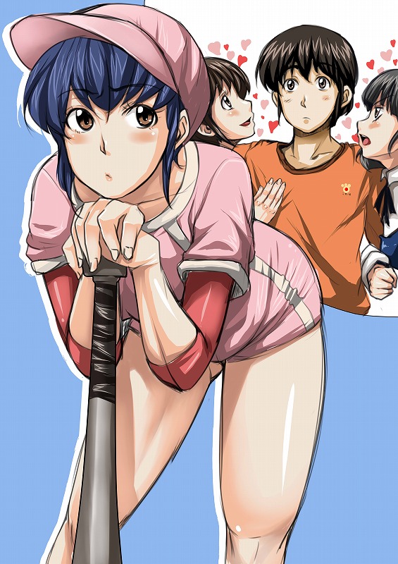 cholesenel, godai yusaku, godai yuusaku, nanao kozue, otonashi kyouko, yagami ibuki, maison ikkoku, 1boy, 3girls, baseball, baseball bat, baseball uniform, blue hair, blush, brown eyes, brown hair, girl sandwich, heart, lovestruck, multiple girls, sandwiched, sportswear