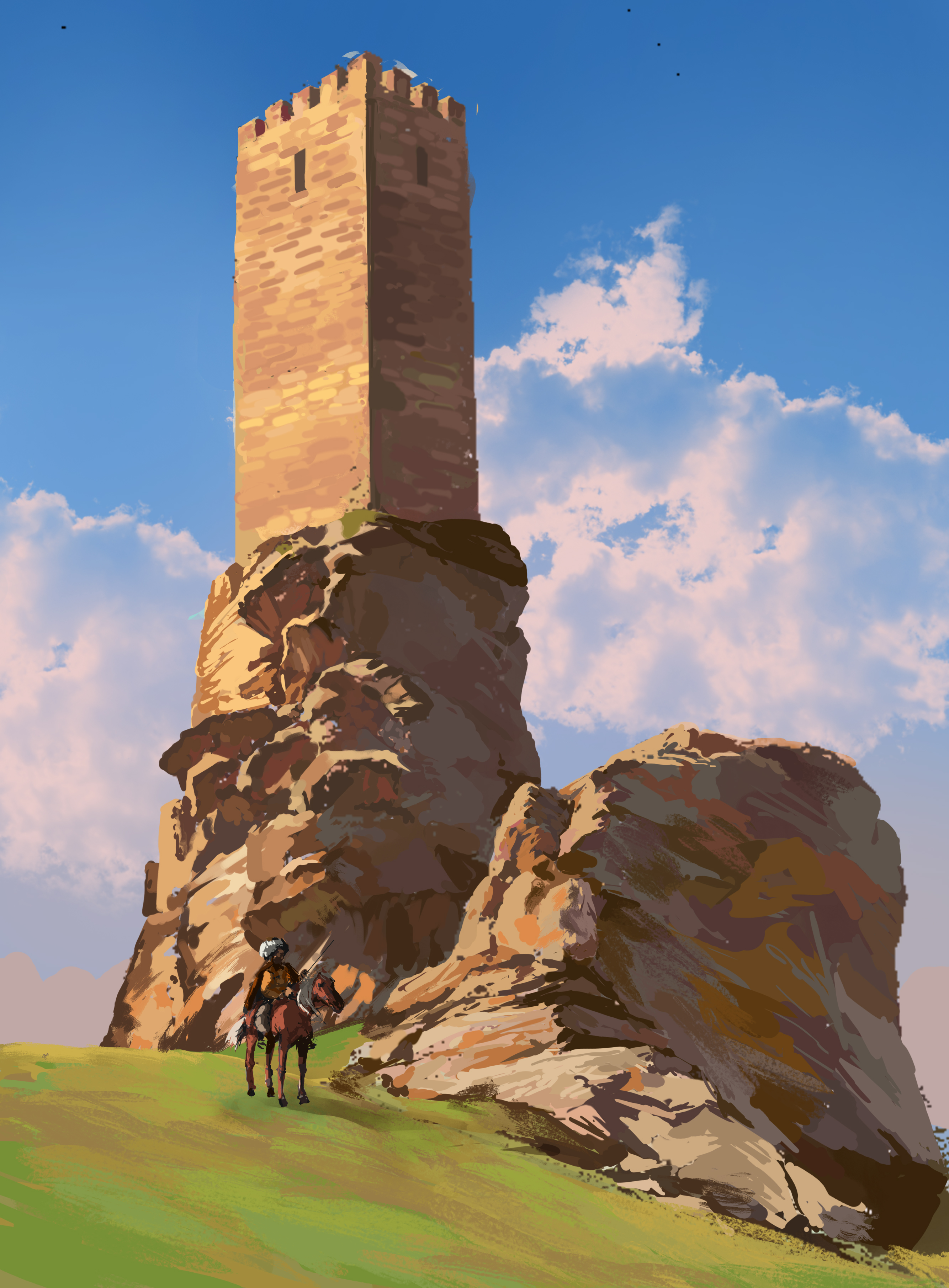 original, absurdres, commentary, english commentary, highres, 1boy, animal, blue sky, cloud, cloudy sky, day, hill, horse, horseback riding, male focus, mr.watermelor, outdoors, riding, scenery, sky, tower, wide shot