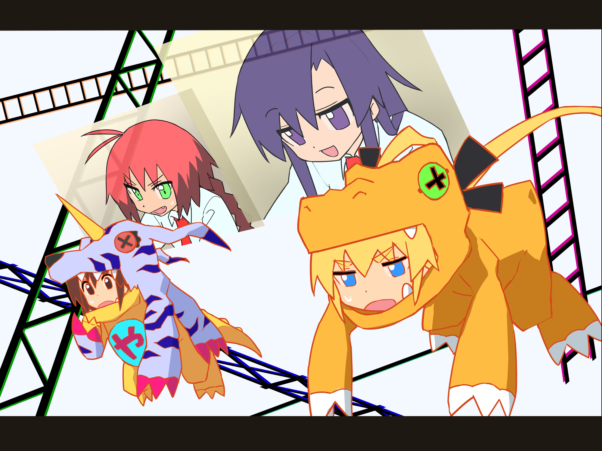 yachima tana, agumon, gabumon, goshiki agiri, oribe yasuna, sonya (kill me baby), unused character (kill me baby), digimon, digimon adventure, digimon adventure: bokura no war game, kill me baby, commentary request, highres, 4girls, agumon (cosplay), cosplay, floating, gabumon (cosplay), multiple girls