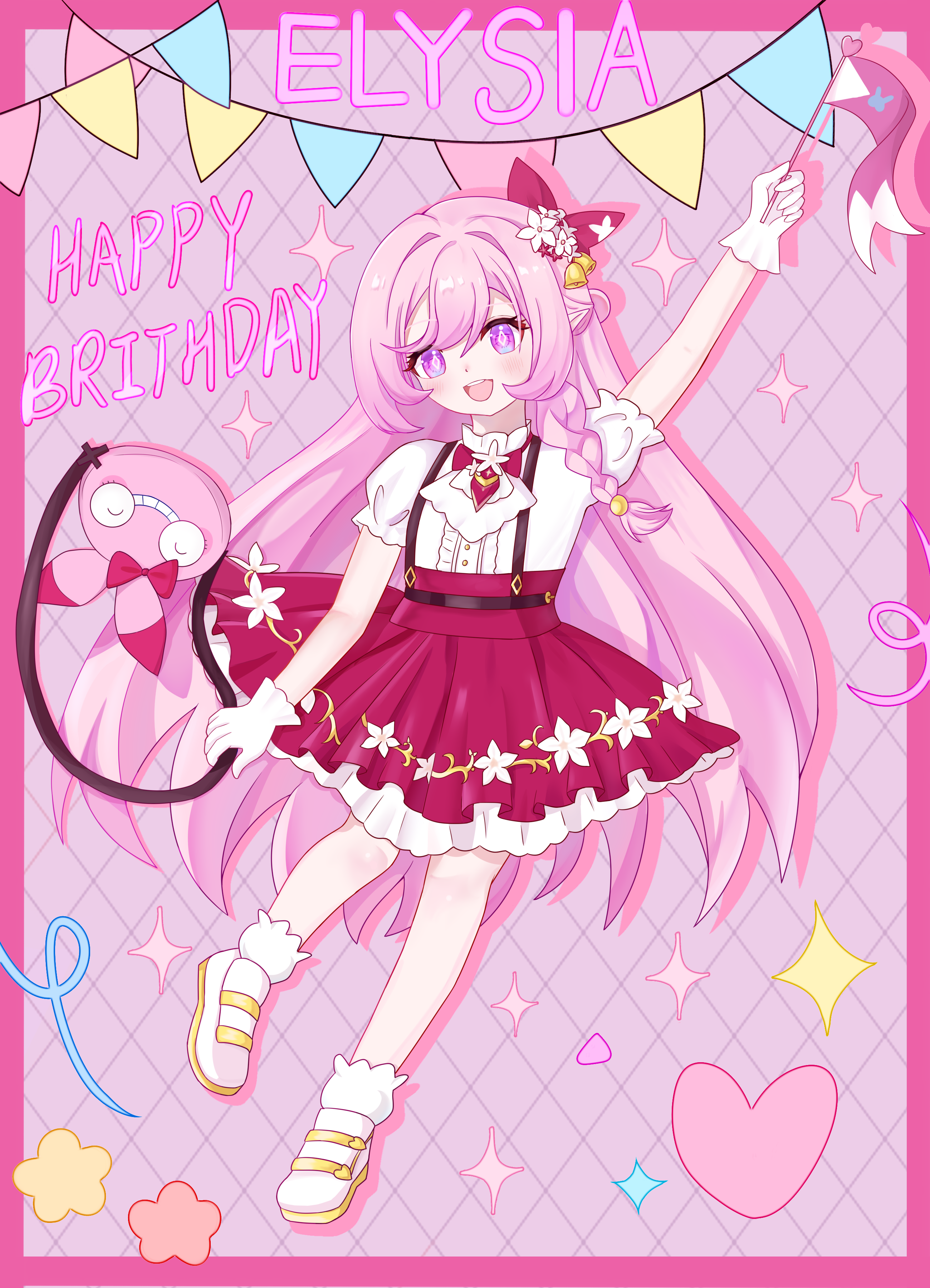 elysia (herrscher of human: ego) (honkai impact), elysia (honkai impact), homei (honkai impact), honkai (series), honkai impact 3rd, absurdres, chinese commentary, commentary, commentary request, english commentary, highres, mixed-language commentary, 1girl, bell, border, character name, diamond-shaped pupils, diamond (shape), flag, flower, full body, gloves, hair bell, hair flower, hair ornament, happy birthday, heart, holding, holding flag, long hair, looking at viewer, official alternate costume, pink background, pink border, pink hair, purple eyes, red skirt, shirt, shoes, skirt, smile, socks, solo, symbol-shaped pupils, very long hair, white gloves, white shirt, white shoes, white socks, xian yu ben yu~