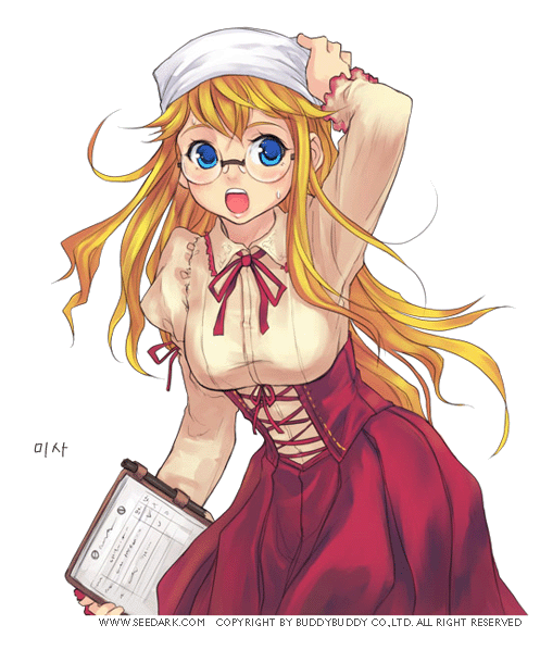 seedark, master of fantasy, character request, 1girl, blonde hair, blue eyes, bonnet, breasts, dress, female focus, glasses, korean text, large breasts, open mouth, solo, transparent background