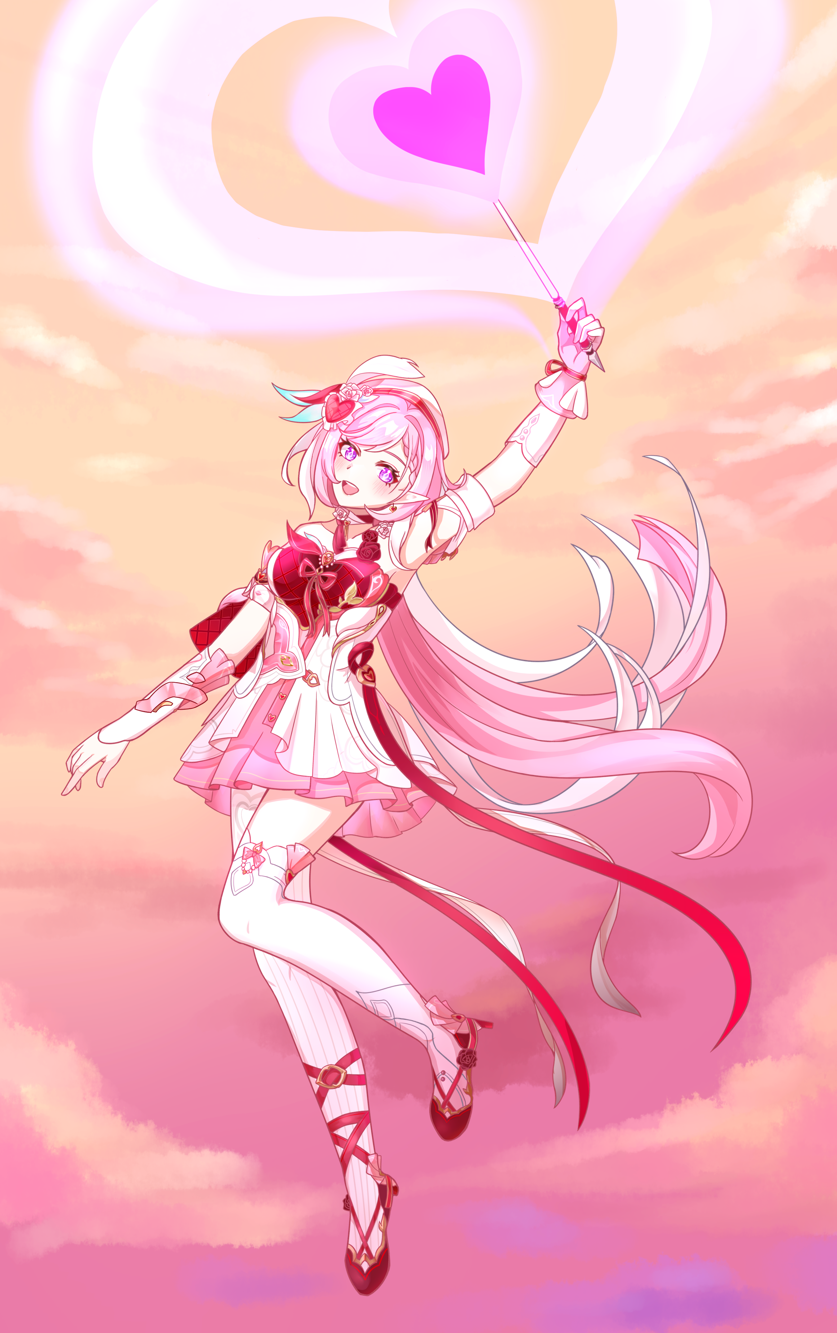 elysia (hi love elf) (honkai impact), elysia (honkai impact), honkai (series), honkai impact 3rd, absurdres, chinese commentary, commentary request, highres, 1girl, beret, breasts, diamond-shaped pupils, diamond (shape), dress, full body, hat, heart, high heels, holding, large breasts, midair, multicolored hair, pink hair, pink sky, purple eyes, red dress, sky, smile, solo, symbol-shaped pupils, thighhighs, two-tone dress, two-tone hair, white dress, white hair, white thighhighs, xian yu ben yu~