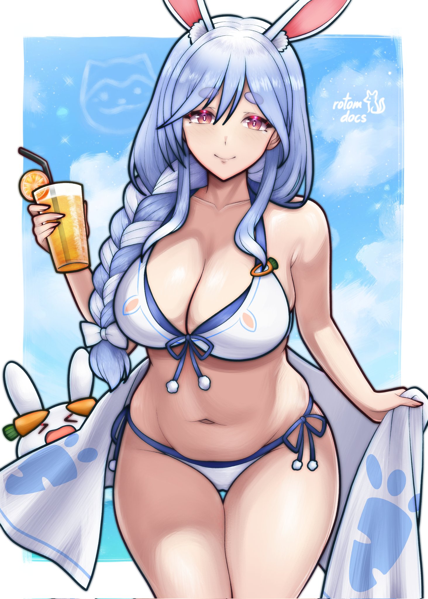 rotomdocs, pekomama, pekomon (usada pekora), hololive, commentary, commission, english commentary, highres, 1girl, animal ear fluff, animal ears, artist name, bikini, blue hair, border, bow, braid, braided ponytail, breasts, closed mouth, cowboy shot, cup, drinking glass, drinking straw, food, fruit, hair between eyes, hair bow, holding, holding cup, large breasts, legs together, long hair, looking at viewer, mature female, multicolored hair, navel, orange (fruit), orange eyes, orange slice, outside border, rabbit-shaped pupils, rabbit ears, rabbit girl, sarong, short eyebrows, side-tie bikini bottom, smile, solo, standing, swimsuit, symbol-shaped pupils, thick eyebrows, thigh gap, tropical drink, two-tone hair, virtual youtuber, white bikini, white border, white bow, white hair, white sarong