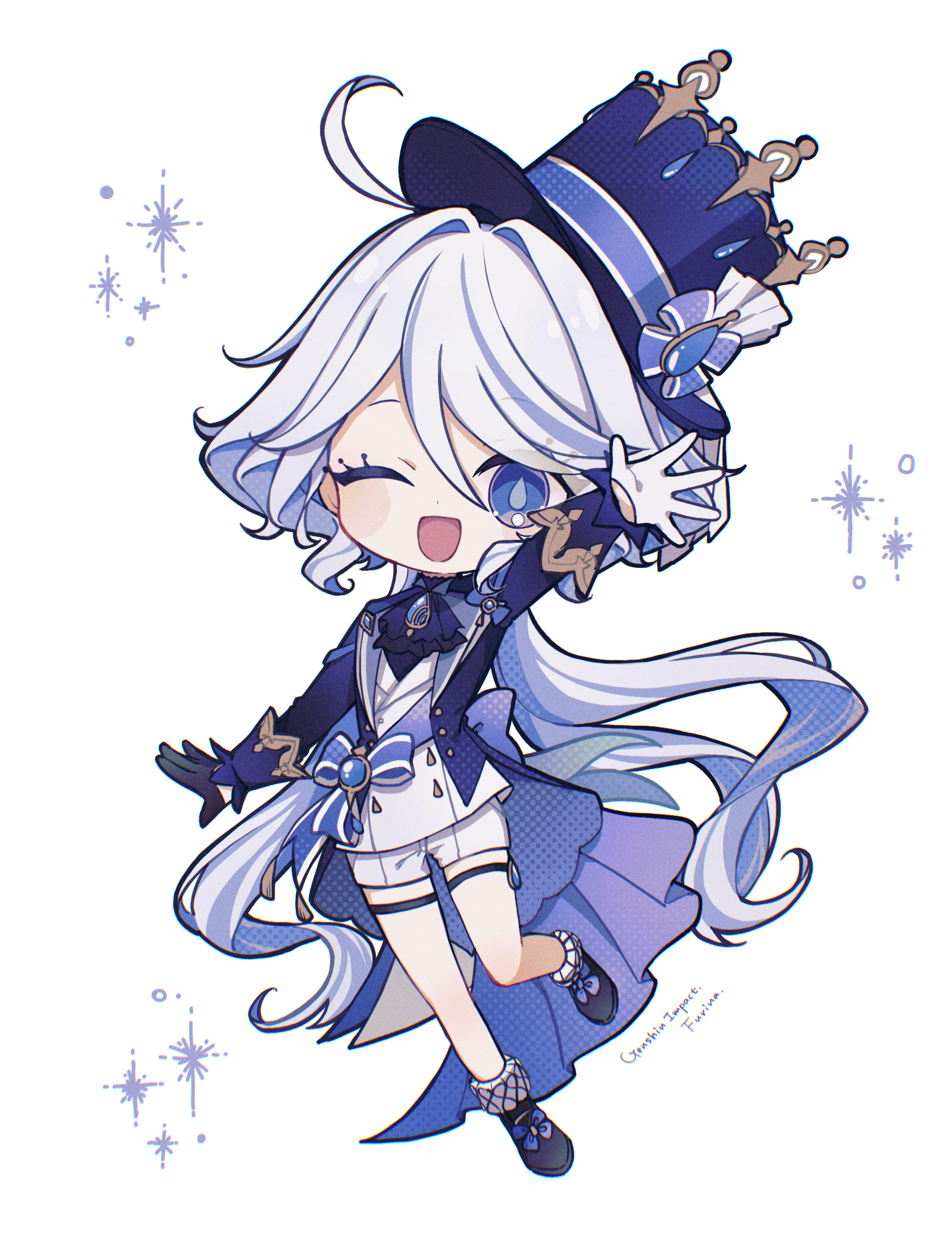 yanagida shiina, furina (genshin impact), genshin impact, commentary request, highres, 1girl, ;d, ahoge, arm up, ascot, asymmetrical gloves, black gloves, black shoes, blue ascot, blue eyes, blue hair, blue hat, blue jacket, character name, chibi, chibi only, copyright name, drop-shaped pupils, full body, gloves, hair between eyes, hat, jacket, long hair, long sleeves, looking at viewer, mismatched gloves, multicolored hair, one eye closed, open mouth, shoes, shorts, simple background, smile, solo, streaked hair, symbol-shaped pupils, thigh strap, top hat, vest, wavy hair, white background, white gloves, white hair, white shorts, white vest