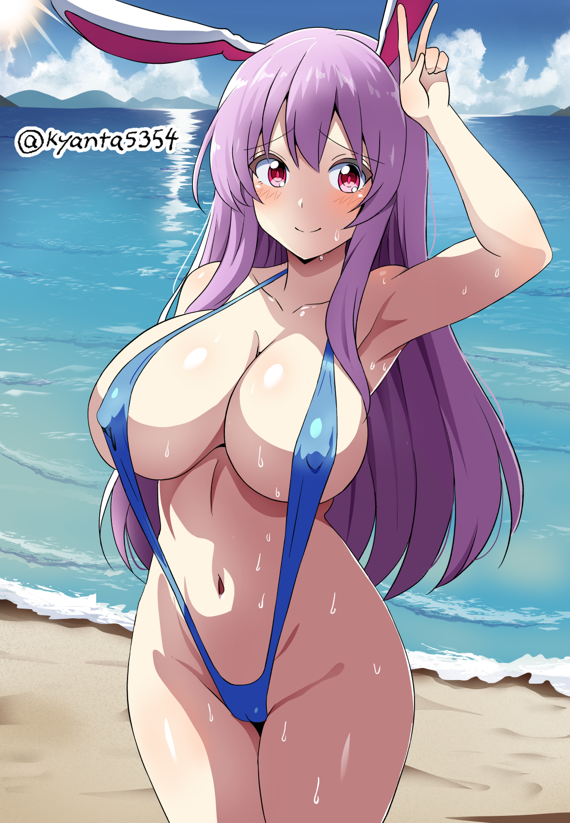 kyanta5354, reisen udongein inaba, touhou, commentary request, highres, 1girl, alternate breast size (larger), alternate costume, animal ears, armpits, beach, blue sky, blue slingshot swimsuit, blush, breasts, closed mouth, cloud, collarbone, covered erect nipples, day, huge breasts, looking at viewer, navel, ocean, outdoors, purple hair, rabbit ears, rabbit girl, red eyes, sand, sky, slingshot swimsuit, smile, solo, stomach, sun, sweat, swimsuit, twitter username, v