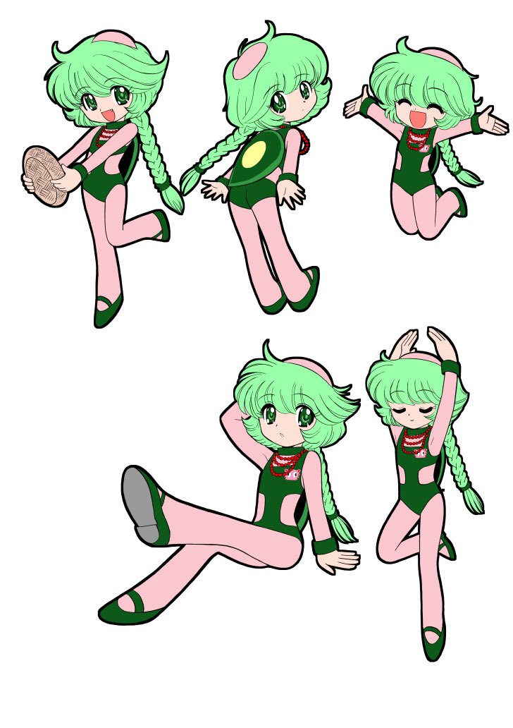 okano takeshi, commentary request, 1girl, ^ ^, arm up, arms up, azukiarai (guruguru medaman), balding, bodysuit, bodysuit under clothes, braid, braided ponytail, closed eyes, closed mouth, fang, green eyes, green hair, green leotard, green shoes, guruguru medaman, happy, holding, holding plate, jewelry, jumping, leotard, long hair, looking at viewer, looking back, multiple views, necklace, open mouth, pearl necklace, pink bodysuit, plate, shoes, simple background, single braid, sitting, smile, standing, standing on one leg, traditional youkai, white background, wooden plate