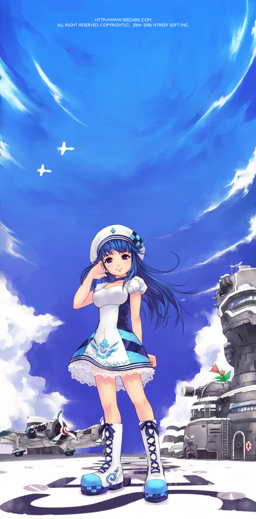 seedark, arin (pangya), pangya, 1girl, blue hair, boots, breasts, dress, female focus, legs, lips, long hair, purple hair, sky, solo