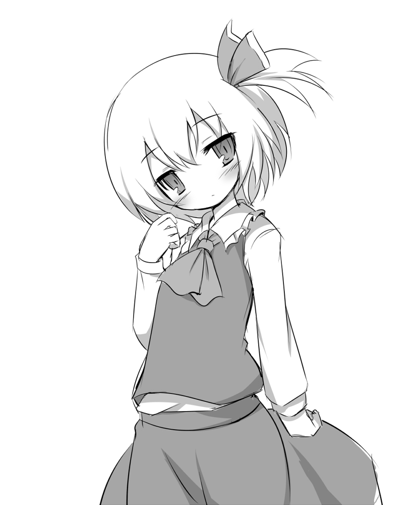 miko machi, rumia, embodiment of scarlet devil, touhou, 1girl, blush, female focus, greyscale, hair ribbon, monochrome, ribbon, short hair, solo