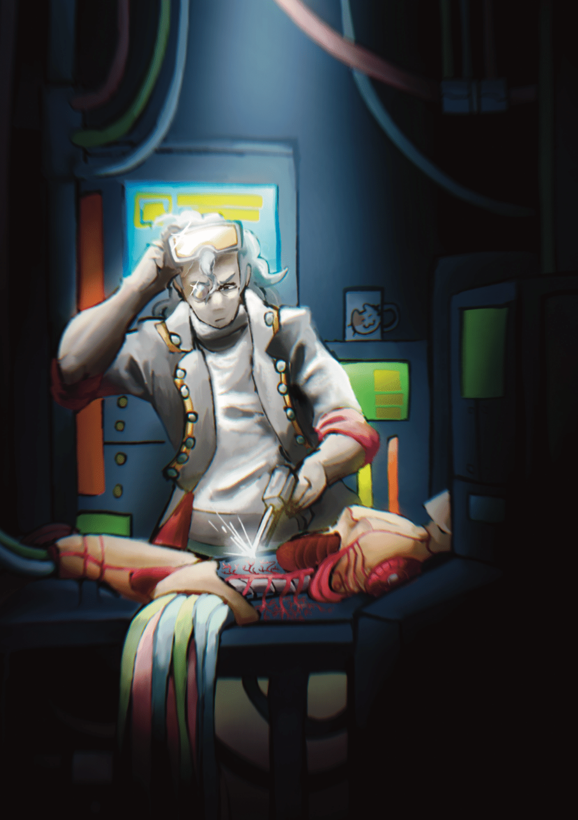 sigma (kyokugen dasshutsu), kyokugen dasshutsu, kyokugen dasshutsu adv: zennin shibou desu, highres, non-web source, spoilers, 1boy, adjusting eyewear, aged up, blurry, cable, closed mouth, cup, dim lighting, forgetmenautical, glint, gloves, goggles, goggles on head, grey gloves, grey hair, grey jacket, holding, indoors, jacket, long sleeves, male focus, medium hair, mug, old, old man, open clothes, open jacket, robot, shirt, single mechanical eye, welding, welding goggles, welding torch, white shirt