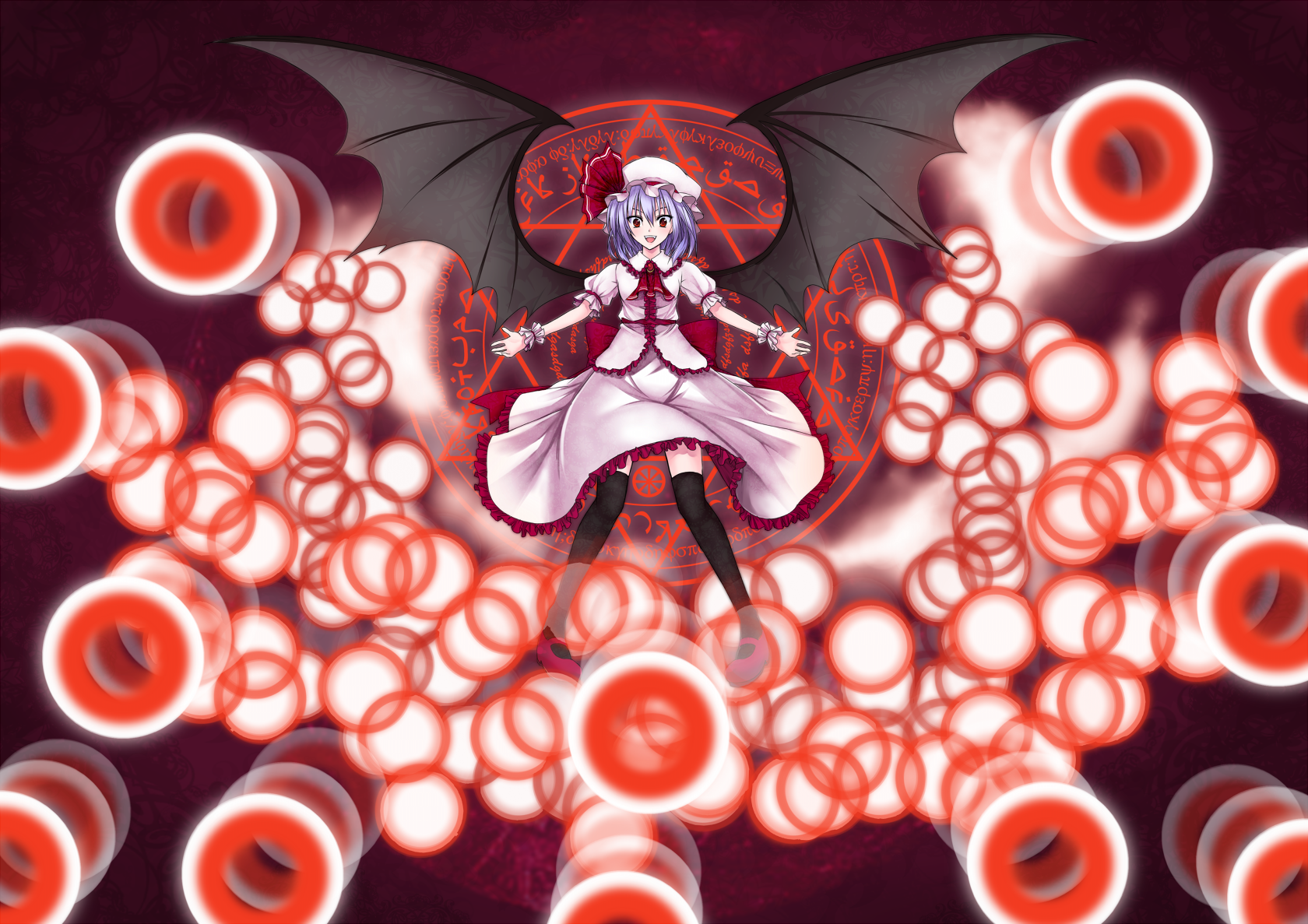 utakata (kochou no yume), remilia scarlet, embodiment of scarlet devil, touhou, light purple hair, bad id, bad pixiv id, highres, 1girl, arms at sides, bat wings, danmaku, fangs, female focus, hat, magic circle, mob cap, open mouth, outstretched arms, pink hat, purple hair, red eyes, solo, spell card, spread arms, thighhighs, wings, wrist cuffs, zettai ryouiki