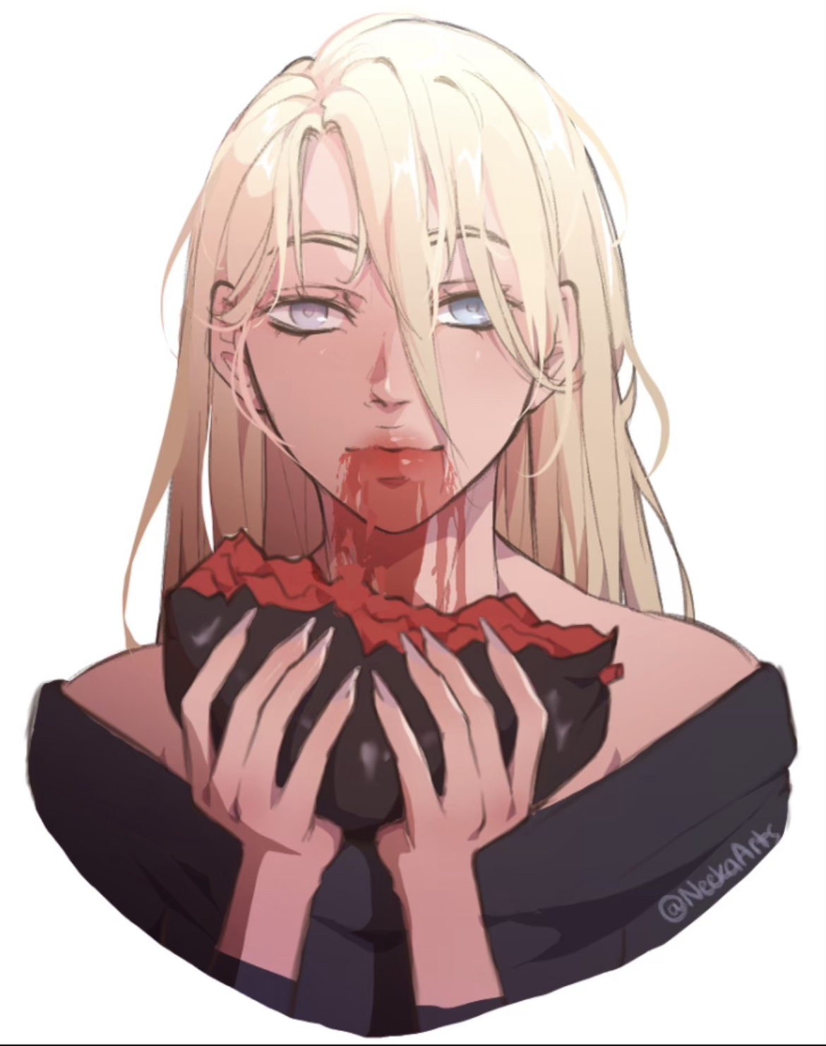 cassie (shadow slave), shadow slave, artist request, commentary, english commentary, highres, second-party source, 1girl, blonde hair, blue eyes, eating, food, food on face, hair between eyes, holding, long hair, looking at viewer, smile, solo, upper body