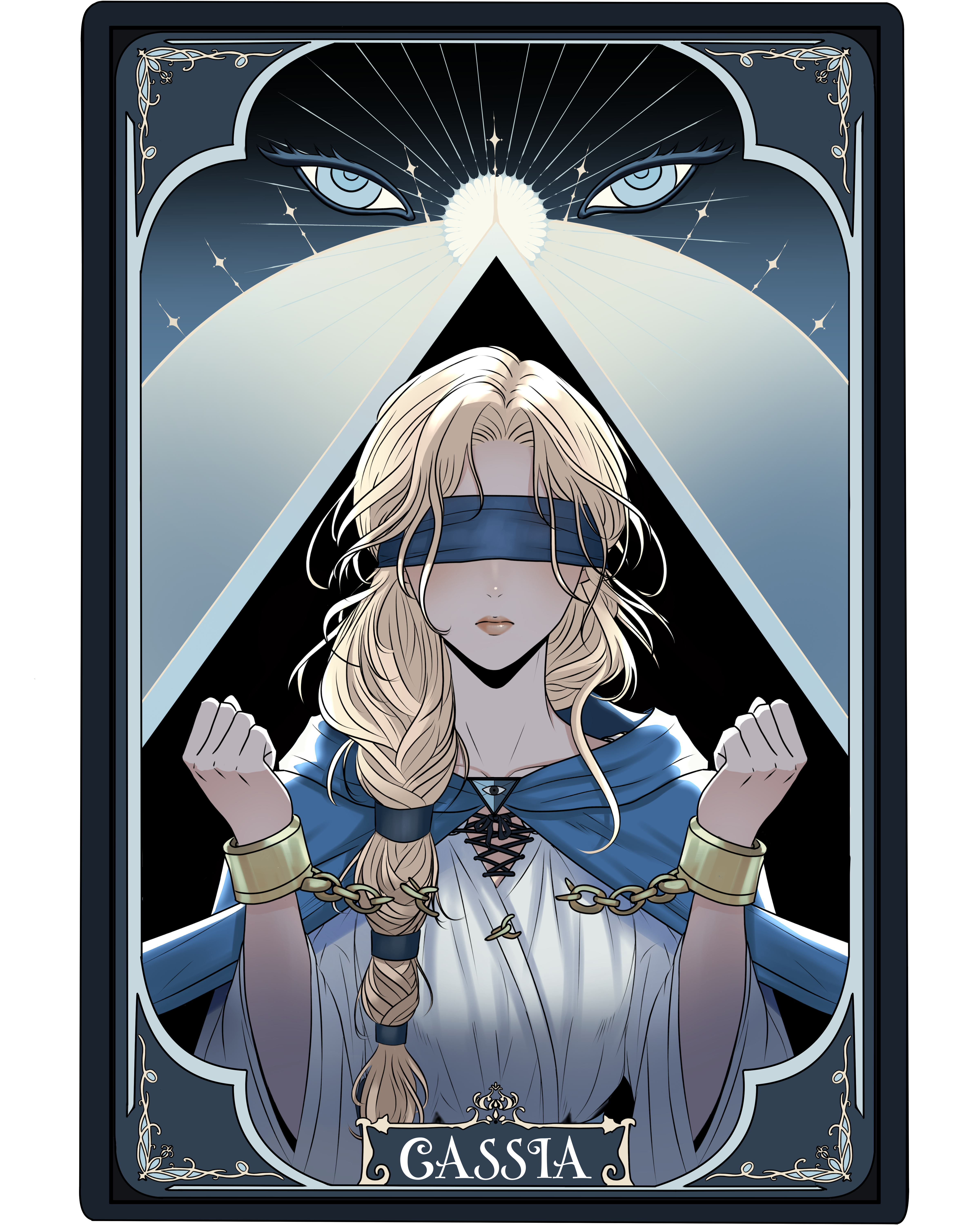 cassie (shadow slave), shadow slave, absurdres, commentary, english commentary, highres, 1girl, blindfold, blonde hair, blue cloak, blue eyes, braid, broken, broken chain, brooch, card, catphine, chain, character name, cloak, cuffs, facing viewer, jewelry, long hair, robe, serious, shackles, solo, tarot, tarot card, upper body, white robe