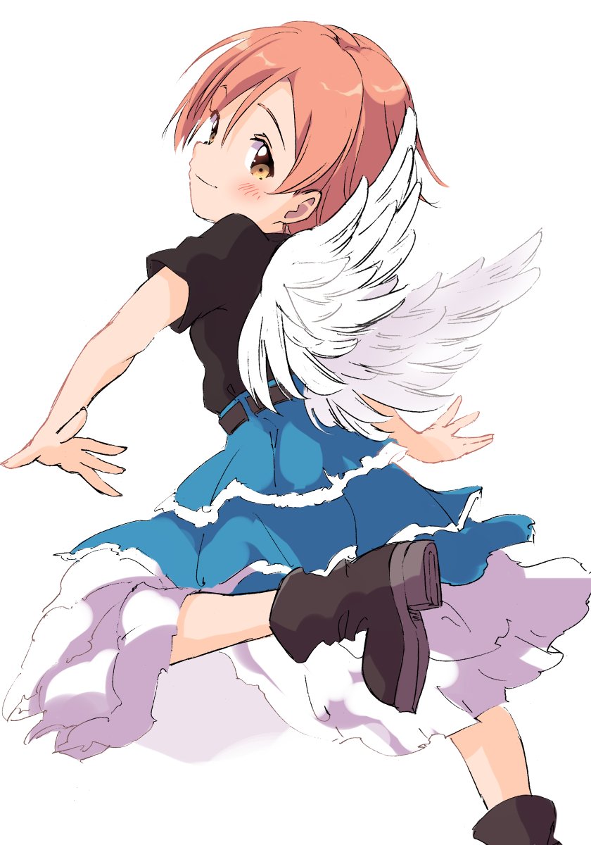 sen (sen0910), hoshizora rin, love live!, love live! school idol project, commentary request, highres, 1girl, angel wings, black boots, black shirt, blue skirt, blush, boots, brown eyes, closed mouth, feathered wings, foot out of frame, from behind, layered skirt, light smile, looking at viewer, looking back, orange hair, shirt, shirt tucked in, short hair, short sleeves, simple background, skirt, solo, standing, t-shirt, white background, wings