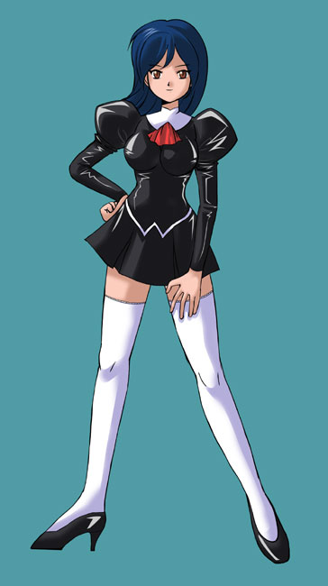 black delmo, delmo, eri (agent aika), agent aika, aika (series), 1990s (style), 1girl, blue hair, female focus, hand on own hip, high heels, latex, looking at viewer, miniskirt, red eyes, retro artstyle, skin tight, skirt, solo, thighhighs, white thighhighs