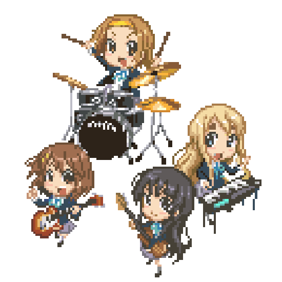 bou (artist), akiyama mio, hirasawa yui, kotobuki tsumugi, tainaka ritsu, k-on!, 00s, 4girls, band (music), chibi, drum, electric guitar, everyone, gibson les paul, guitar, ho-kago tea time, instrument, keyboard, keyboard (instrument), multiple girls, pixel art, school uniform