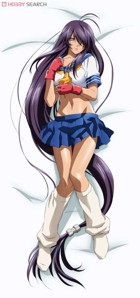 gotou junji, junji goto, kan'u unchou, ikkitousen, ikkitousen great guardians, non-web source, 00s, 1girl, :o, antenna hair, bed, bed sheet, blue eyes, blush, breasts, crop top, dakimakura (medium), embarrassed, female focus, fingerless gloves, from above, full body, gloves, groin, hair over one eye, kneehighs, legs, long hair, loose socks, low-tied long hair, lowleg, lowleg skirt, lying, midriff, navel, necktie, no panties, on back, open mouth, parted bangs, pleated skirt, ponytail, purple hair, school uniform, serafuku, shadow, sidelocks, skirt, socks, solo, swept bangs, thigh gap, very long hair, watermark, white socks, wide hips