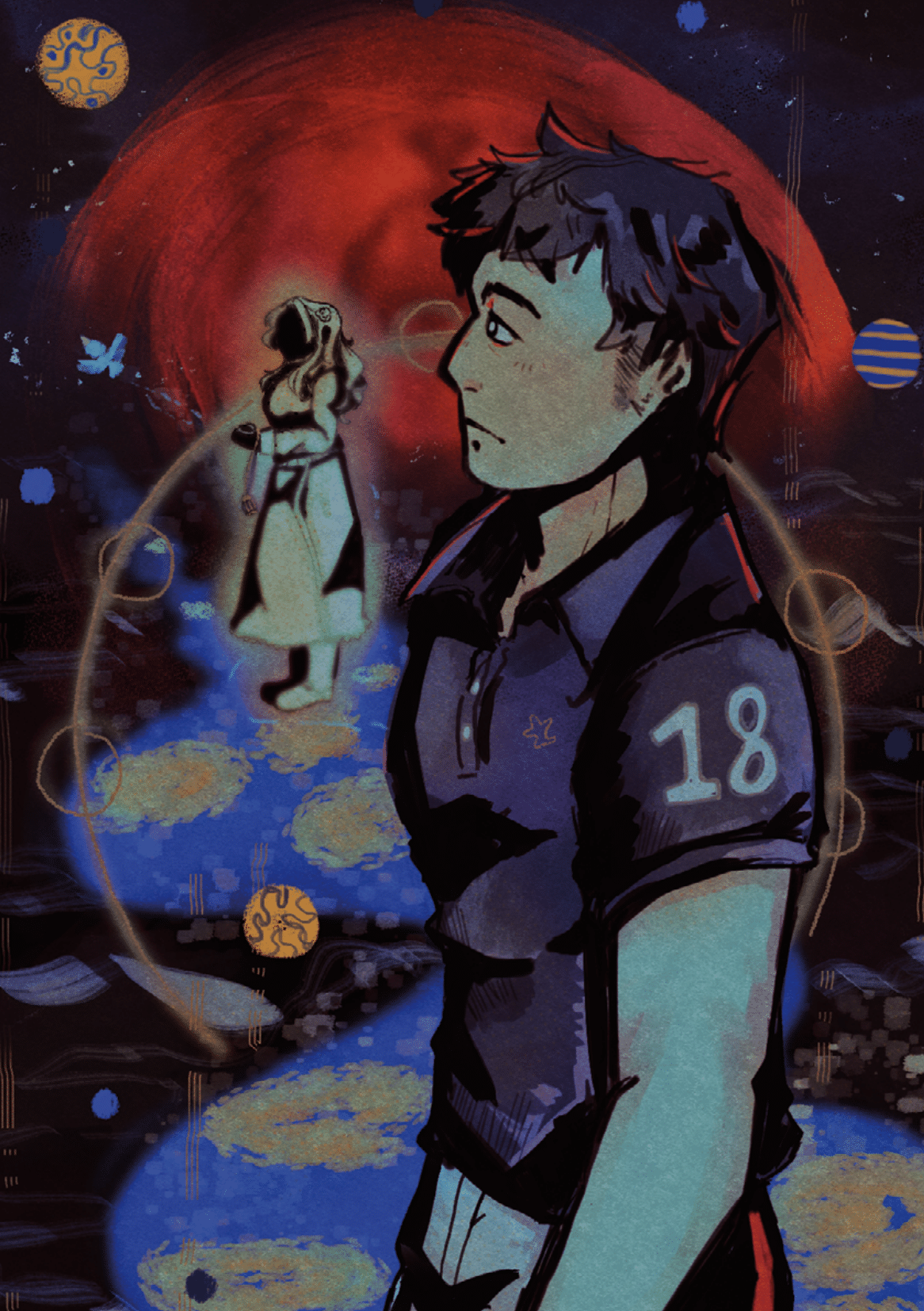 diana (kyokugen dasshutsu), sigma (kyokugen dasshutsu), kyokugen dasshutsu, zero escape: toki no dilemma, highres, non-web source, 1boy, 1girl, bird, black hair, blue shirt, closed mouth, collared shirt, long hair, long skirt, long sleeves, loyailieutenant, planet, shirt, short hair, short sleeves, skirt, solo focus, space, standing, star (symbol)