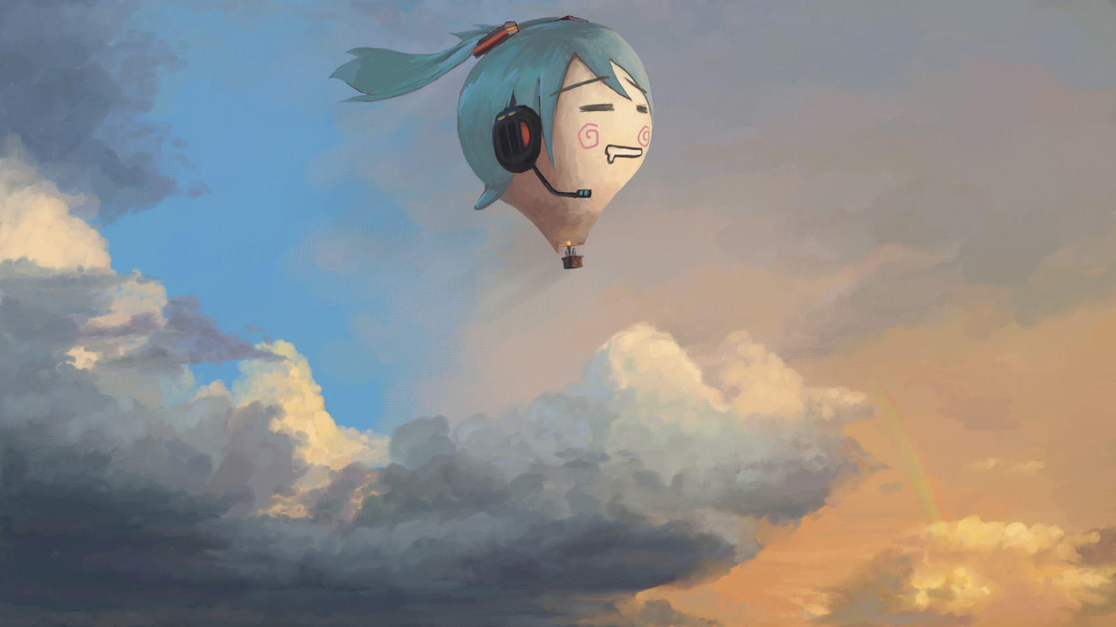 evokid, hachune miku, hatsune miku, vocaloid, highres, md5 mismatch, resolution mismatch, source larger, aircraft, balloon, cloud, headphones, headset, hot air balloon, rainbow, scenery, sky, twintails