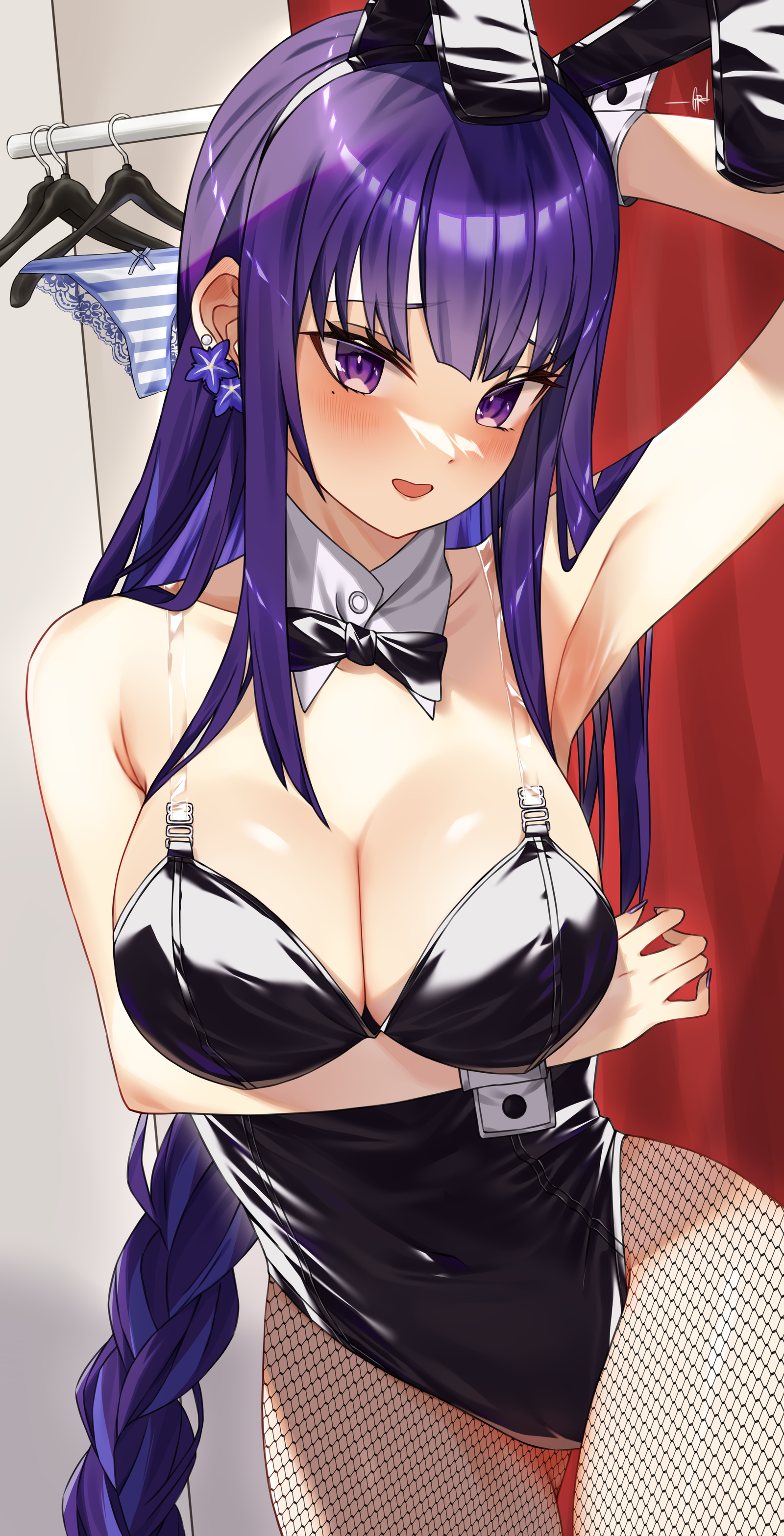 goro desu, raiden shogun, genshin impact, absurdres, commentary, english commentary, highres, 1girl, alternate costume, animal ears, arm behind head, armpit crease, armpits, arms up, bare shoulders, black bow, black bowtie, blunt bangs, blurry, blurry background, blush, bow, bowtie, braid, breasts, cleavage, collarbone, curtains, detached collar, earrings, embarrassed, fake animal ears, formal clothes, happy, head tilt, huge breasts, indoors, jewelry, long braid, looking at viewer, looking to the side, mole, mole under eye, multicolored hair, nose blush, open mouth, panties, pantyhose, playboy bunny, purple eyes, purple hair, rabbit ears, single braid, single earring, smile, solo, standing, streaked hair, suit, thigh gap, thighs, underwear, upper body, wrist cuffs