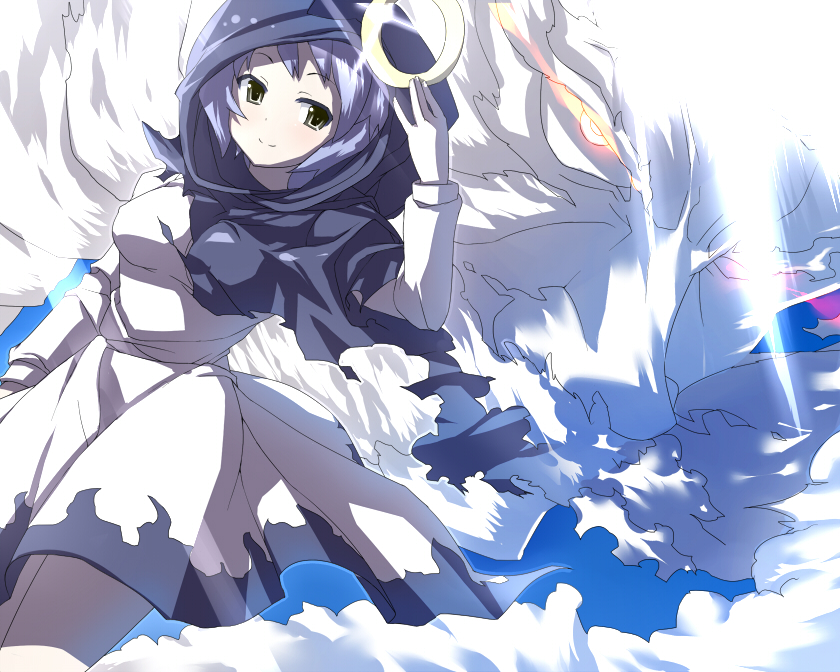 blue vert, kumoi ichirin, unzan, touhou, silver hair, 1girl, apron, blue eyes, cloak, expressionless, female focus, head tilt, hood, hooded cloak, long sleeves, looking at viewer, simple background, solo, waist apron, white background