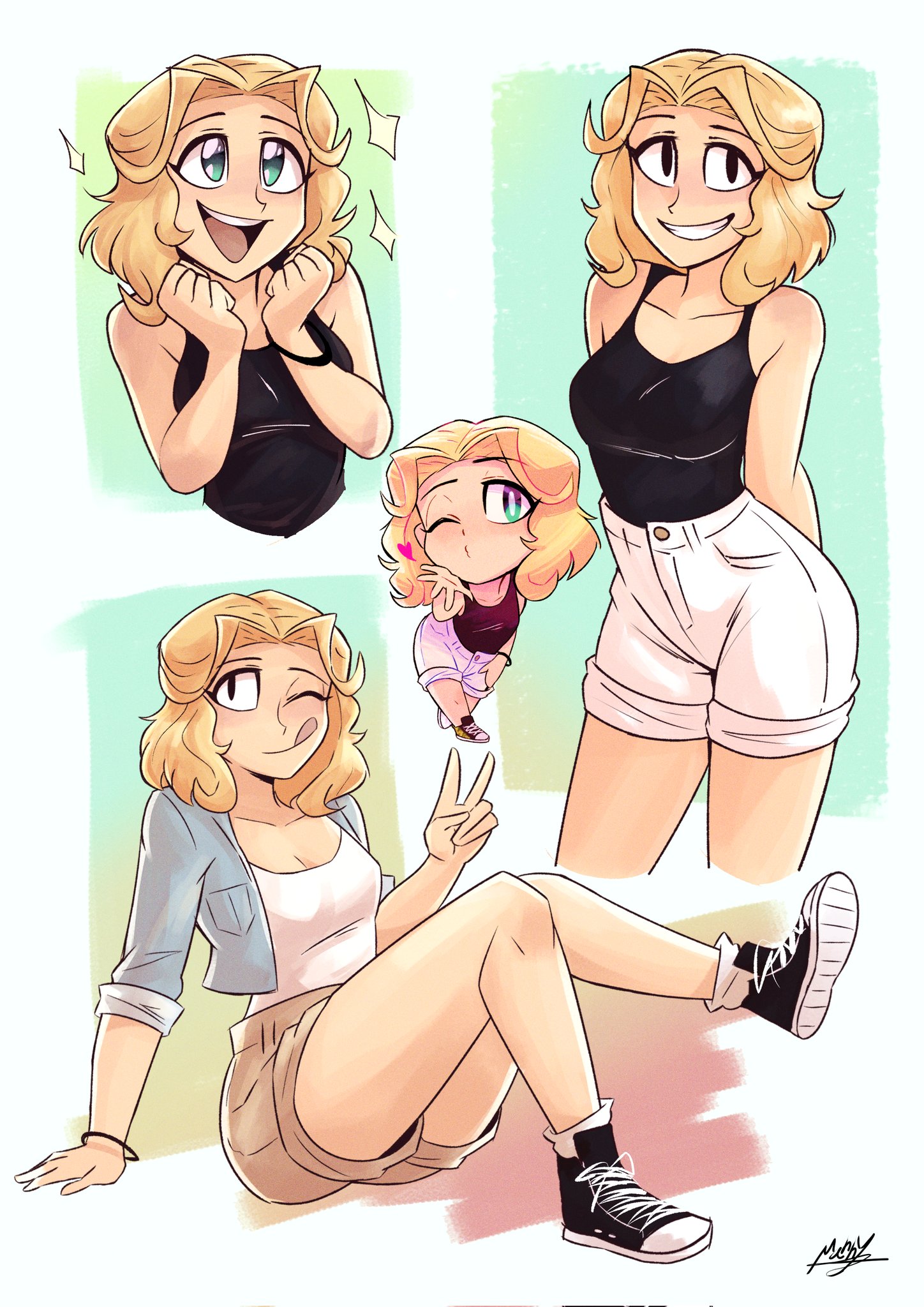 mannys art, original, alt text, commentary, english commentary, highres, 1girl, black eyes, black shoes, blonde hair, blowing kiss, blue eyes, bracelet, breasts, brown shorts, chibi, cleavage, collarbone, cropped jacket, grin, jewelry, knees up, long hair, looking at viewer, medium breasts, one eye closed, open mouth, shoes, short hair, short sleeves, shorts, smile, sneakers, solo, sparkle, teeth, tongue, tongue out, upper teeth only, v, white shorts