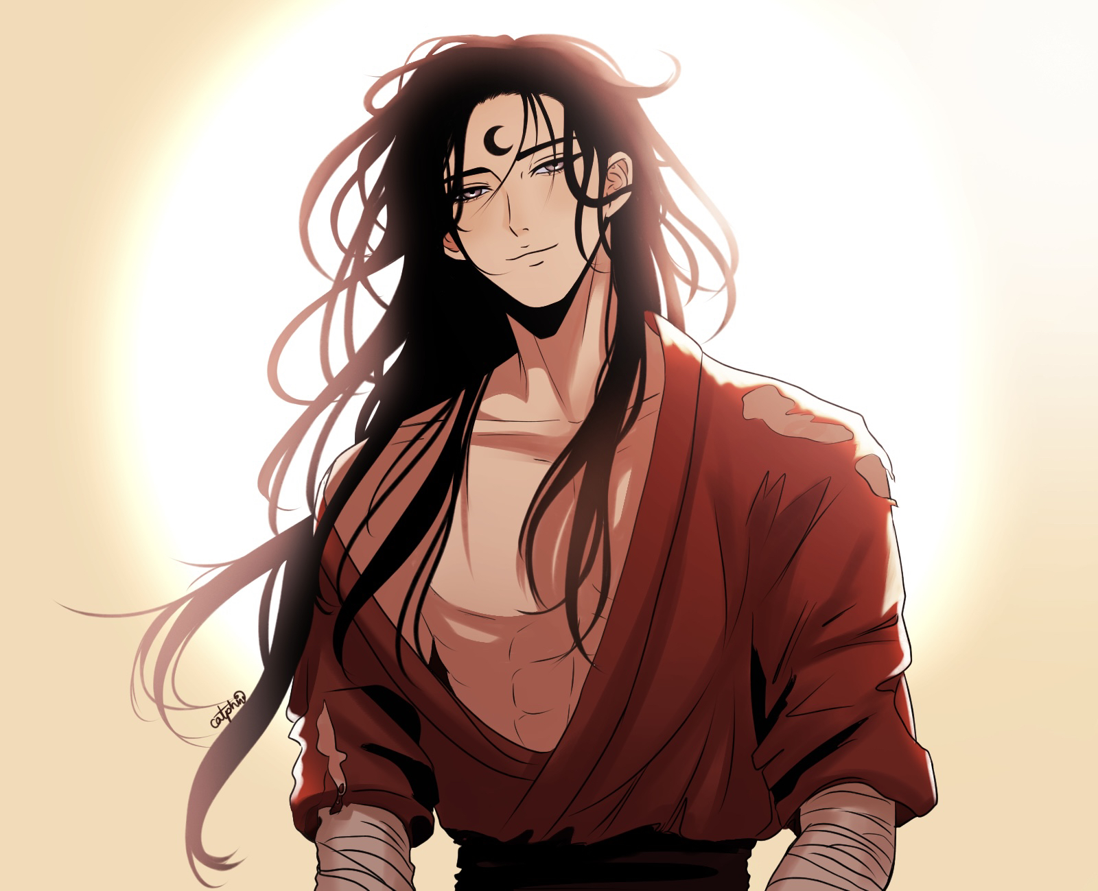 noctis (shadow slave), shadow slave, commentary, english commentary, highres, 1boy, abs, backlighting, bandaged arm, bandages, black hair, catphine, crescent, facial mark, forehead mark, head tilt, long hair, looking at viewer, male focus, pectorals, red shirt, shirt, single off shoulder, smile, solo, sun behind head, toned, toned male, torn clothes, torn shirt, upper body