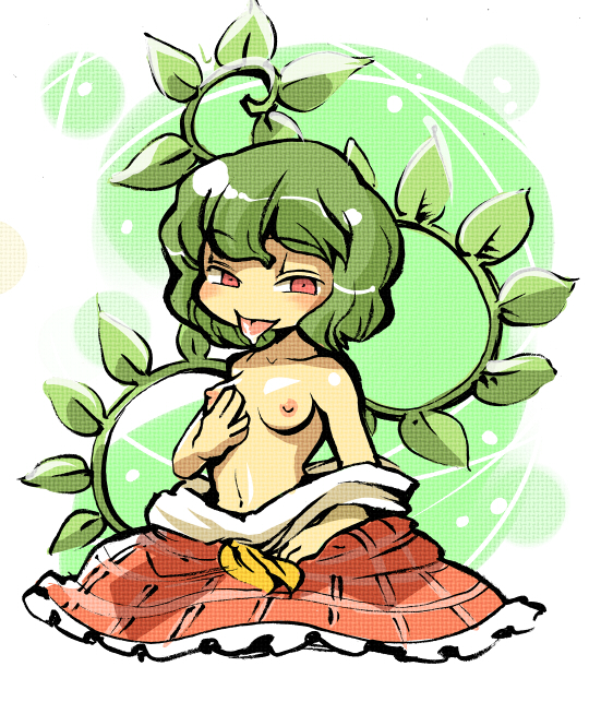 hounori, kazami yuuka, touhou, bad id, bad pixiv id, 1girl, breasts, female focus, green hair, naughty face, navel, nipples, red eyes, solo, tongue, undressing