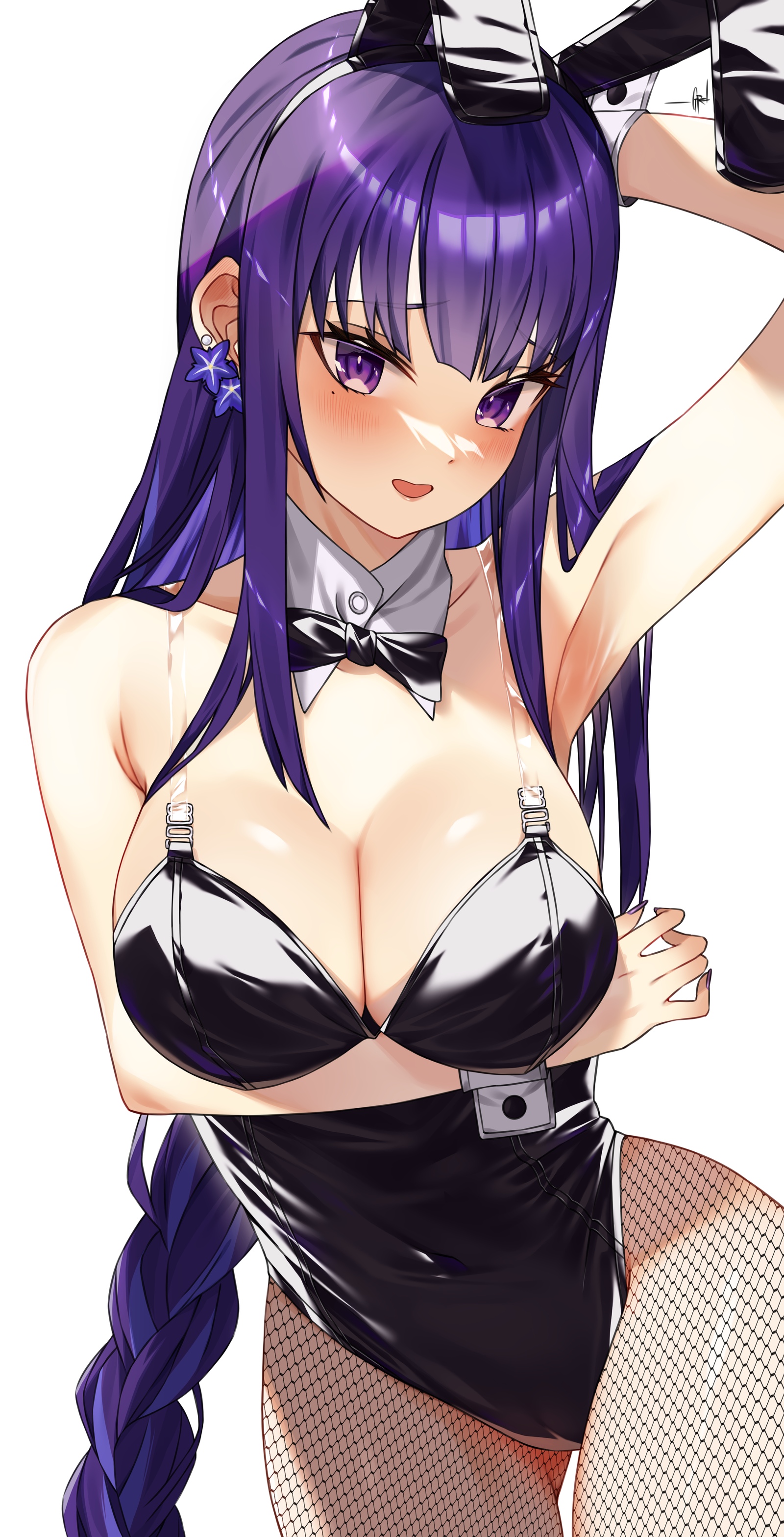 goro desu, raiden shogun, genshin impact, absurdres, commentary, english commentary, highres, 1girl, alternate costume, animal ears, arm behind head, armpit crease, armpits, arms up, bare shoulders, black bow, black bowtie, blunt bangs, blush, bow, bowtie, braid, breasts, cleavage, collarbone, detached collar, earrings, embarrassed, fake animal ears, formal clothes, happy, head tilt, huge breasts, jewelry, long braid, looking at viewer, looking to the side, mole, mole under eye, multicolored hair, nose blush, open mouth, pantyhose, playboy bunny, purple eyes, purple hair, rabbit ears, simple background, single braid, single earring, smile, solo, standing, streaked hair, suit, thigh gap, thighs, upper body, white background, wrist cuffs