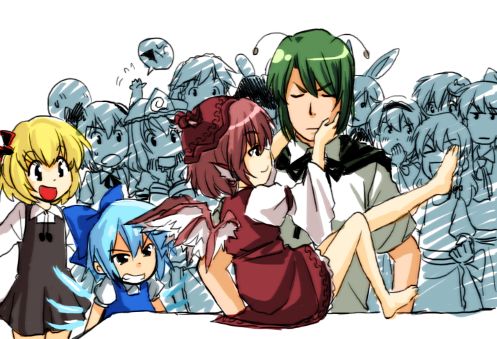re ghotion, alice margatroid, cirno, hakurei reimu, inaba tewi, izayoi sakuya, kirisame marisa, kochiya sanae, konpaku youmu, konpaku youmu (ghost), moriya suwako, mystia lorelei, reisen udongein inaba, rumia, saigyouji yuyuko, wriggle nightbug, kodomo no jikan, touhou, 1boy, 6+girls, animal ears, barefoot, blonde hair, feet, genderswap, genderswap (ftm), multiple girls, parody, rabbit ears, red eyes, short hair, sitting