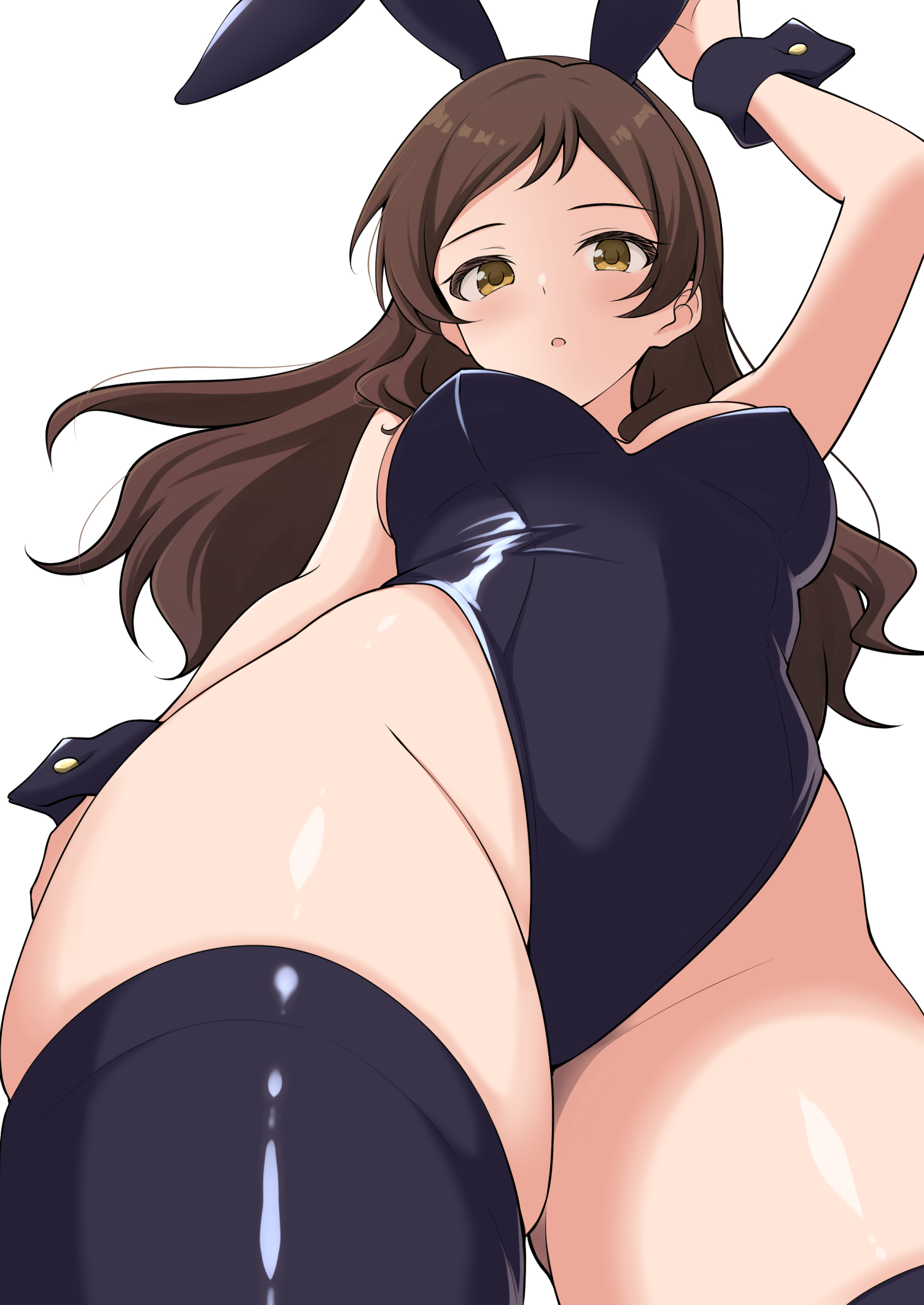 houki (tonburi), kitazawa shiho, idolmaster, idolmaster million live!, commentary, english commentary, highres, 1girl, :o, animal ears, black leotard, black thighhighs, black wrist cuffs, blush, breasts, brown eyes, brown hair, from below, leotard, long hair, looking at viewer, looking down, parted lips, playboy bunny, rabbit ears, simple background, skindentation, solo, standing, thighhighs, white background, wrist cuffs