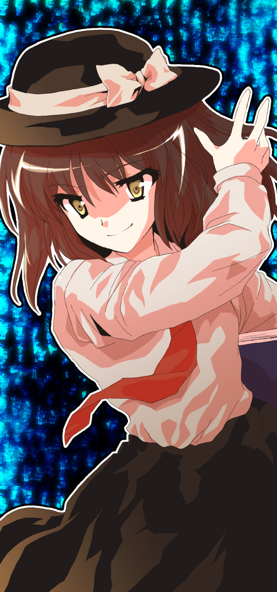 re ghotion, usami renko, ghostly field club, touhou, 1girl, alphes (style), brown hair, female focus, hat, hat ribbon, parody, ribbon, short hair, solo, style parody