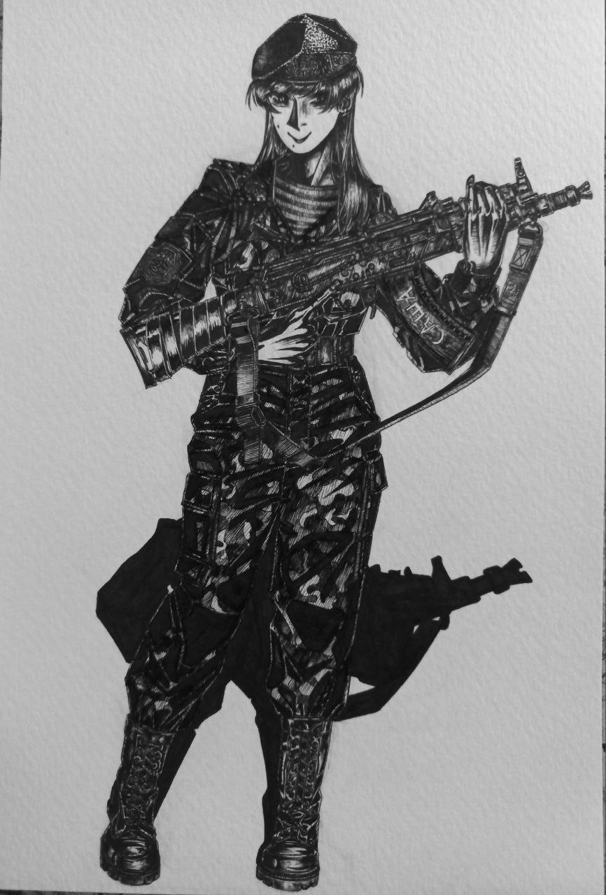 original, highres, photo (medium), 1girl, beret, bordfunker133, camouflage, camouflage jacket, camouflage pants, character name, cyrillic, digital camouflage, full body, gloves, greyscale, gun, gun sling, hat, holding, holding gun, holding weapon, jacket, kalashnikov rifle, mole, monochrome, pants, russo-ukrainian war, sasha shoshnikova, shadow, shirt, smile, soldier, solo, striped clothes, striped shirt, telnyashka, ukrainian vdv, unit patch, vdv, war in donbass, weapon