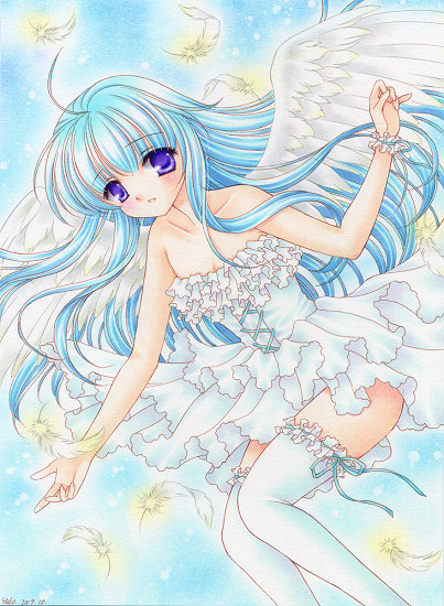 yukiou, bad id, bad pixiv id, traditional media, 1girl, bare shoulders, blue hair, blush, dress, feathers, female focus, purple eyes, solo, thighhighs, wings