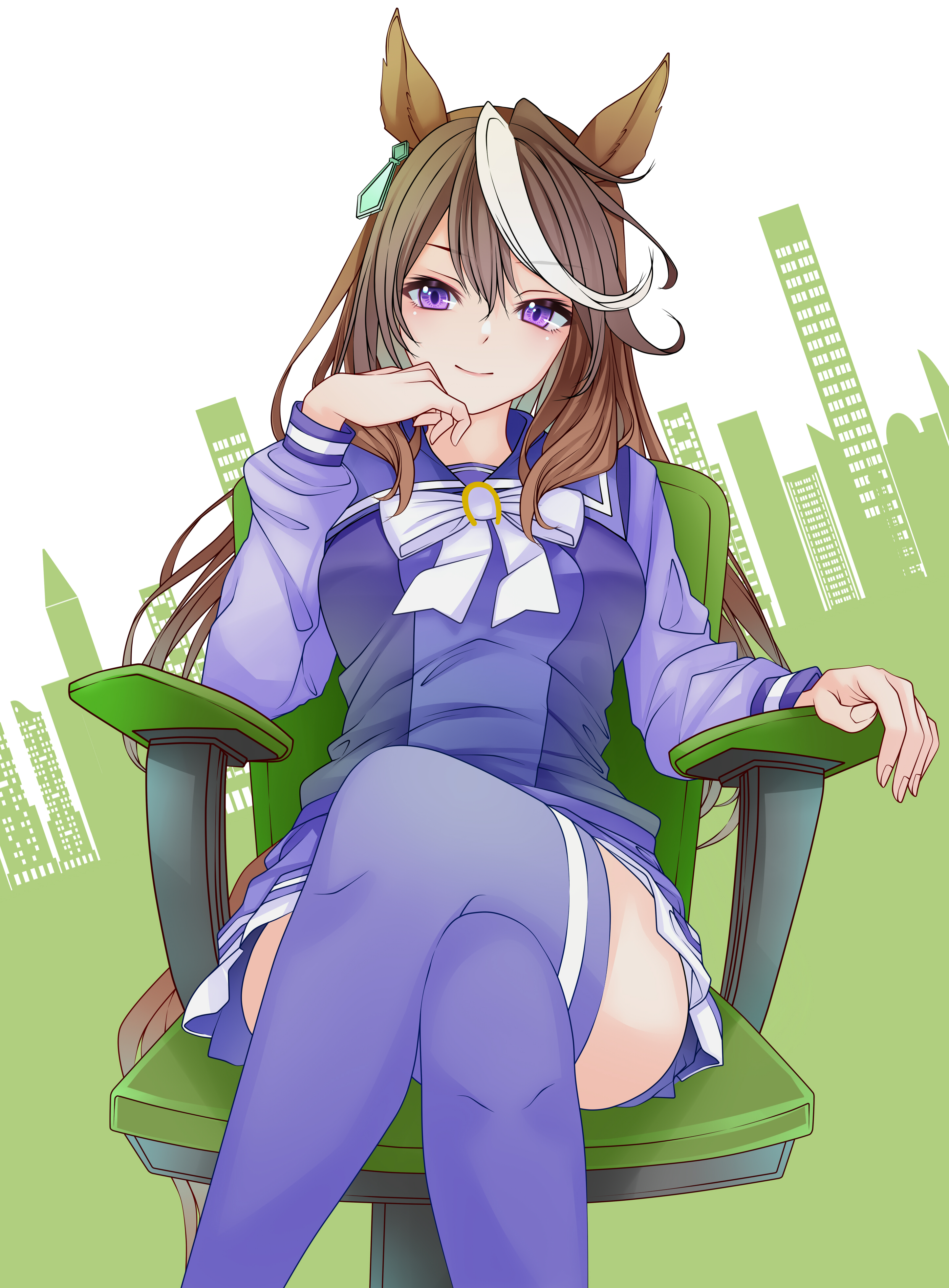 reishi (litvyak), symboli rudolf (umamusume), umamusume, absurdres, commentary request, highres, 1girl, animal ears, blush, bow, bowtie, breasts, brown hair, chair, closed mouth, crossed legs, earrings, hair between eyes, head rest, horse ears, horse girl, horse tail, jewelry, long hair, long sleeves, looking at viewer, medium breasts, multicolored hair, pleated skirt, purple eyes, purple sailor collar, purple serafuku, purple shirt, purple skirt, purple thighhighs, sailor collar, sailor shirt, school uniform, serafuku, shirt, single earring, sitting, skirt, smile, streaked hair, tail, thighhighs, tracen school uniform, white bow, white bowtie, white hair