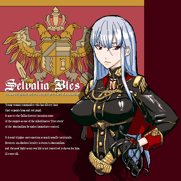 cosmo galactic, selvaria bles, senjou no valkyria, senjou no valkyria (series), senjou no valkyria 1, silver hair, 00s, english text, engrish text, long hair, military, military uniform, ranguage, red eyes, sword, weapon