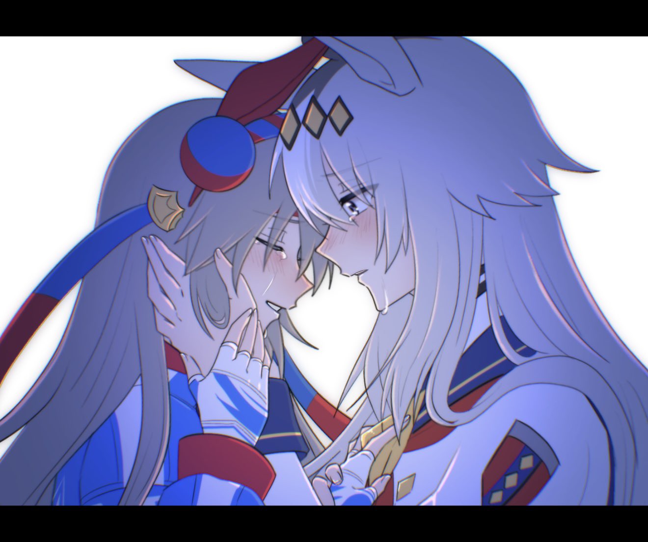 oguri cap (starlight beat) (umamusume), oguri cap (umamusume), tamamo cross (umamusume), tamamo cross (with lightning speed) (umamusume), umamusume, umamusume: cinderella gray, commentary request, 2girls, ahoge, animal ears, blue eyes, blue hairband, blue jacket, blue sailor collar, blush, brooch, closed eyes, crying, ear covers, ear ornament, fingerless gloves, gloves, grey hair, hair between eyes, hair ornament, hairband, hand on another's chest, hand on another's hand, hands on another's face, headband, horse ears, horse girl, imymemine 777, jacket, jewelry, long hair, long sleeves, looking at another, multicolored hair, multiple girls, neckerchief, parted lips, red headband, red neckerchief, sailor collar, shirt, star brooch, striped clothes, striped hairband, upper body, white jacket, white shirt