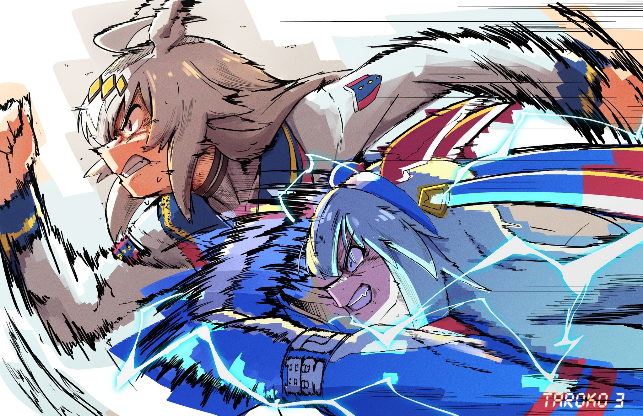 taroko3, oguri cap (starlight beat) (umamusume), oguri cap (umamusume), tamamo cross (umamusume), tamamo cross (with lightning speed) (umamusume), umamusume, umamusume: cinderella gray, commentary, english commentary, highres, 2girls, ahoge, animal ears, blue eyes, blue hairband, blue jacket, blue sailor collar, blue sports bra, clenched teeth, ear covers, ear ornament, electricity, grey hair, hair between eyes, hair ornament, hairband, horse ears, horse girl, jacket, lightning, long hair, long sleeves, multicolored hair, multiple girls, neckerchief, open mouth, red neckerchief, running, sailor collar, shirt, sports bra, striped clothes, striped hairband, teeth, white jacket, white shirt