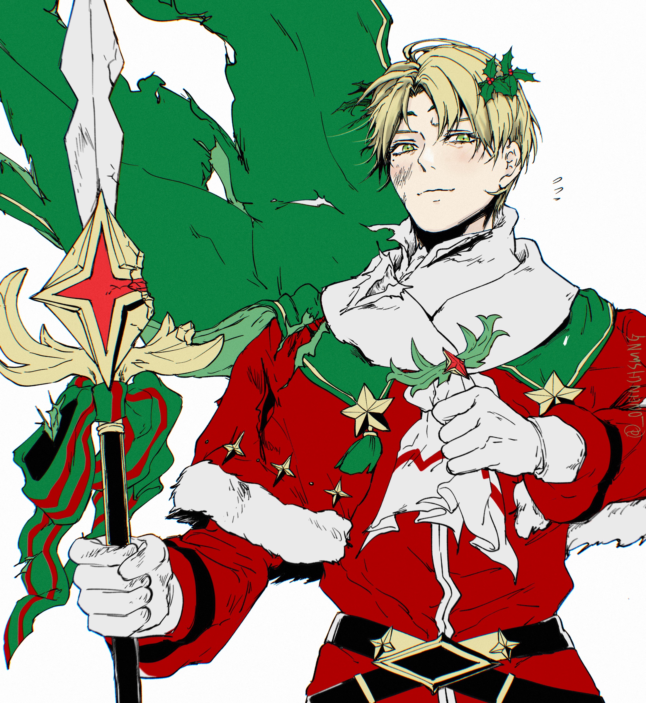 umi (oneinchswing), alfred (fire emblem), fire emblem, fire emblem engage, fire emblem heroes, nintendo, absurdres, commentary request, highres, 1boy, alfred (joyous snowdrop) (fire emblem), ascot, blonde hair, capelet, coat, fur-trimmed capelet, fur trim, gloves, green eyes, hair ornament, holding, holding polearm, holding weapon, holly, holly hair ornament, long sleeves, male focus, official alternate costume, polearm, red capelet, red coat, santa costume, short hair, solo, upper body, weapon, white ascot, white gloves
