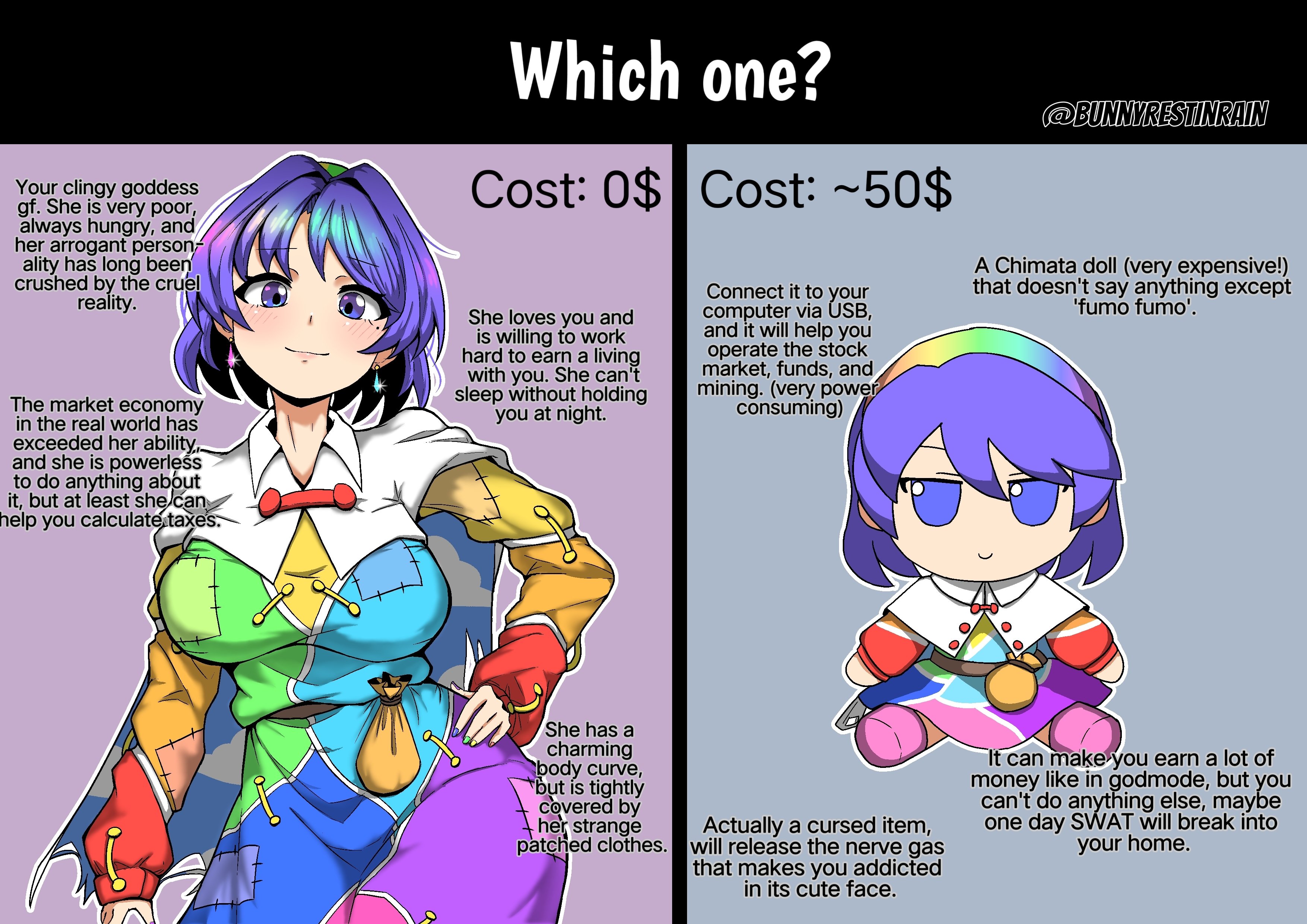 sleepymoon, tenkyuu chimata, touhou, absurdres, commentary, english commentary, highres, 1girl, blue nails, blush, breasts, character doll, closed mouth, doll, earrings, english text, fumo (doll), jewelry, large breasts, looking at viewer, purple eyes, purple hair, short hair, smile, solo, stuffed toy, text focus, twitter username