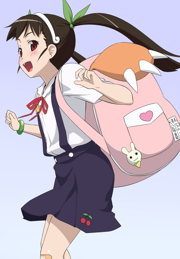 youkan, hachikuji mayoi, bakemonogatari, monogatari (series), 00s, 1girl, backpack, bag, bandaid, bandaid on knee, bandaid on leg, black hair, blush, bracelet, female focus, from side, hair ribbon, hairband, jewelry, long hair, randoseru, red eyes, ribbon, school uniform, skirt, smile, solo, suspender skirt, suspenders, twintails