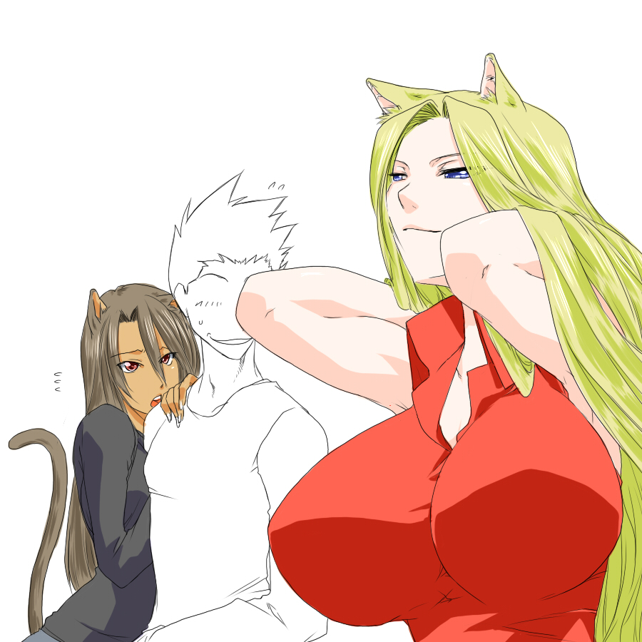 ksaiki, original, bad id, bad pixiv id, 2girls, animal ears, arms behind head, arms up, black hair, blonde hair, blue eyes, breast envy, breasts, brown hair, cat ears, cat tail, dark-skinned female, dark skin, huge breasts, impossible clothes, impossible shirt, looking at breasts, multiple girls, partially colored, popped collar, red eyes, shirt, tail