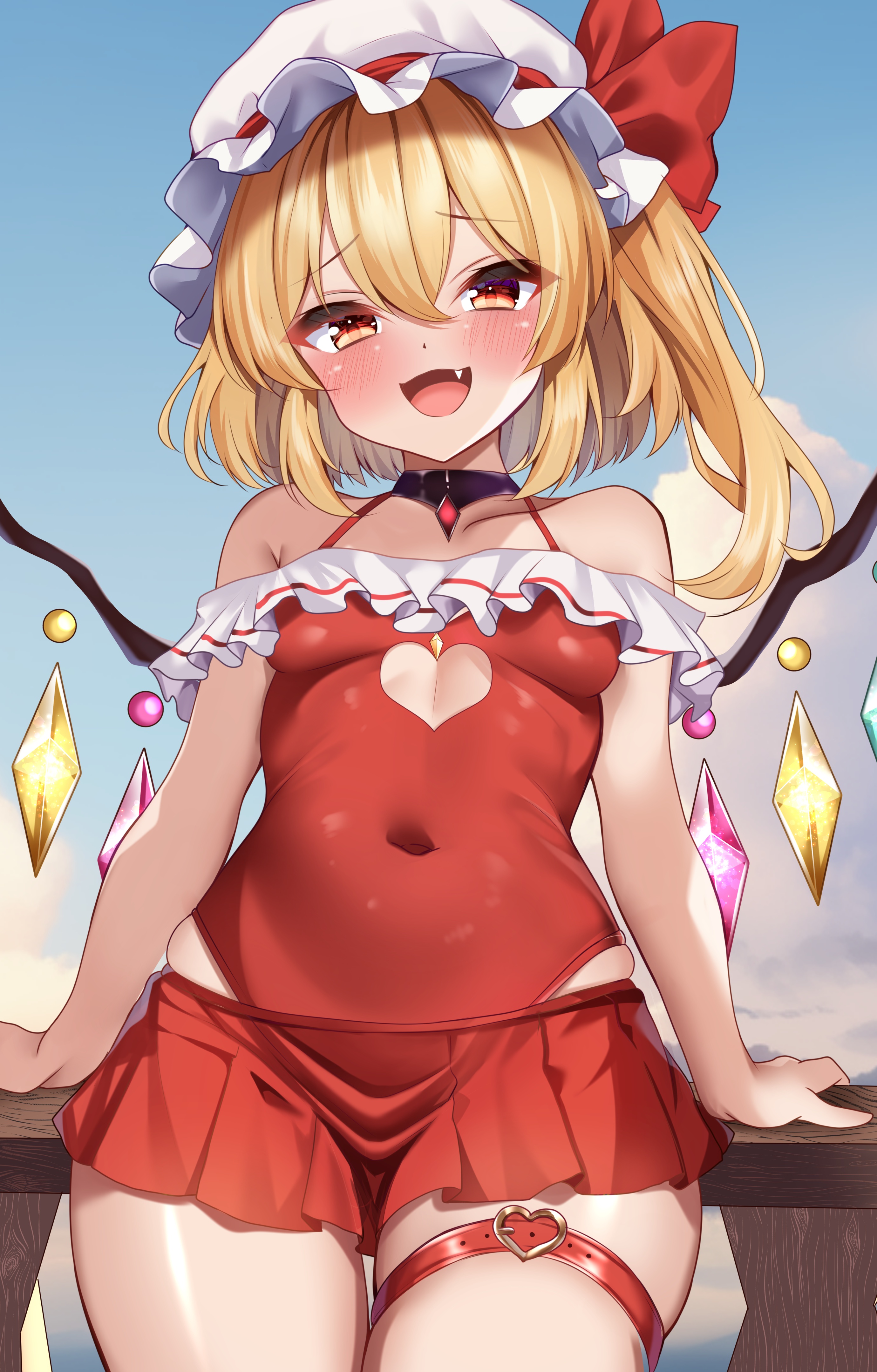 shirotsuki shirone, flandre scarlet, touhou, absurdres, commentary request, highres, 1girl, against railing, alternate costume, arm support, blonde hair, blush, breasts, cameltoe, choker, clothing cutout, cloud, covered navel, crystal, crystal wings, fang, flandre day, hat, heart cutout, leaning back, looking at viewer, mesugaki, miniskirt, mob cap, multicolored wings, navel, one-piece swimsuit, open mouth, railing, red eyes, red one-piece swimsuit, side ponytail, skin fang, skirt, sky, small breasts, smug, solo, swimsuit, swimsuit skirt, thigh strap, wings