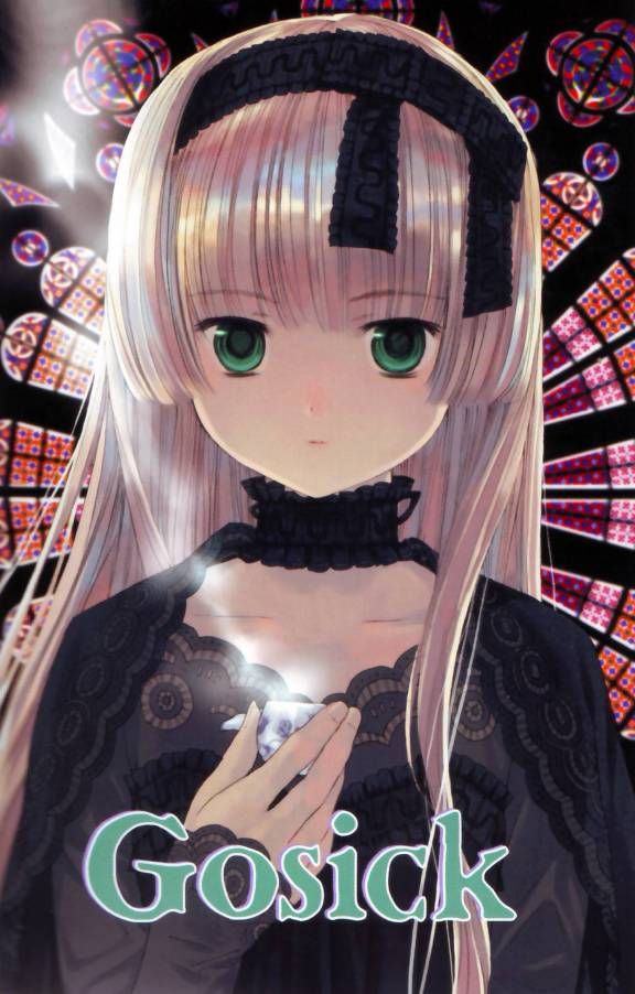takeda hinata, victorica de blois, gosick, official art, 1girl, blonde hair, blunt bangs, bow, choker, church, copyright name, english text, engrish text, female focus, fingernails, green eyes, hair bow, hairband, hime cut, lolita fashion, long hair, long sleeves, ranguage, sleeves past wrists, smoke, smoking pipe, solo, stained glass, staring