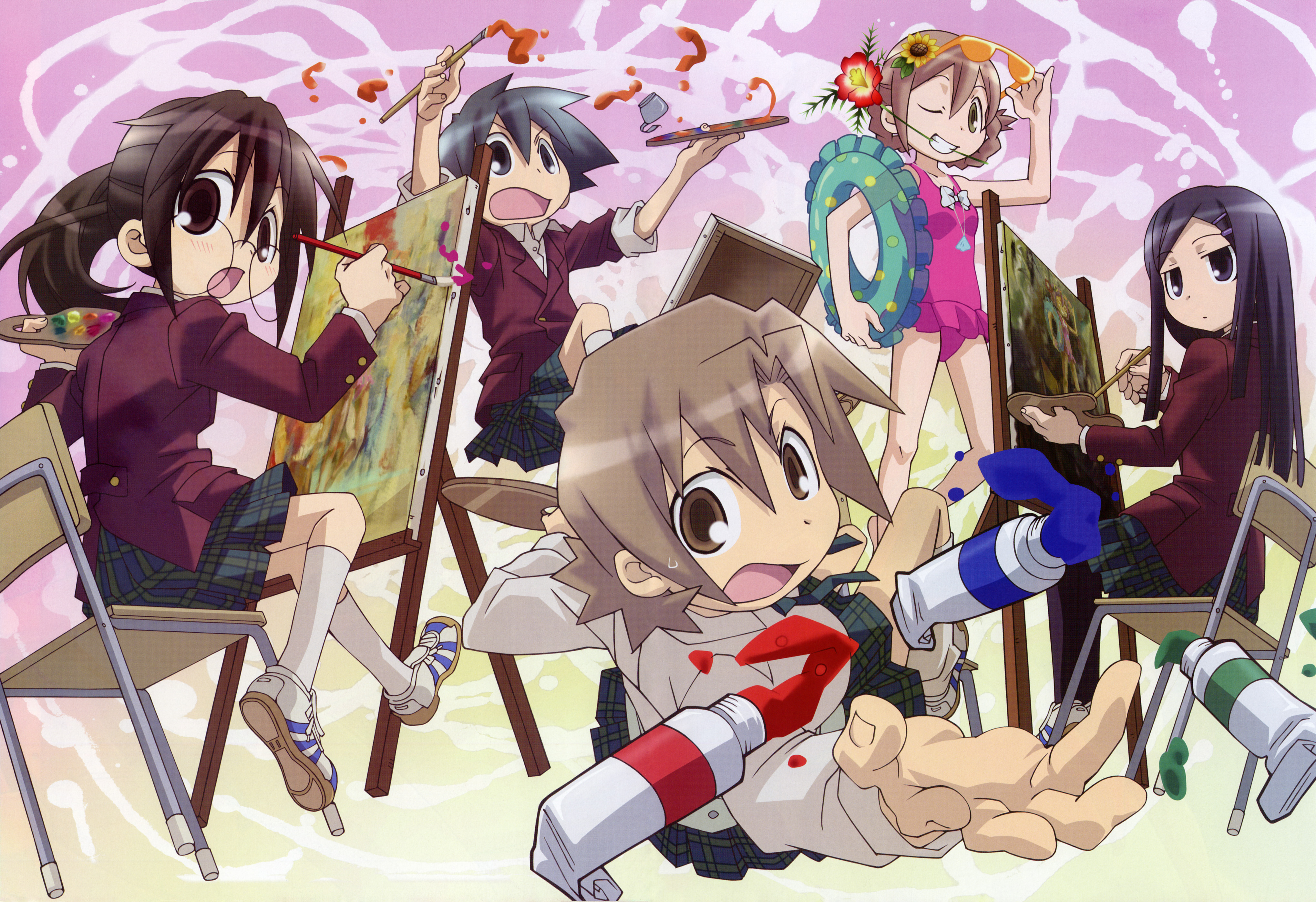 watanabe atsuko, noda miki, nozaki namiko, oomichi miyabi, tomokane, yamaguchi kisaragi, ga geijutsuka art design class, nyantype, absurdres, highres, non-web source, official art, scan, 00s, 5girls, art brush, black eyes, black hair, bow, brown eyes, brown hair, casual one-piece swimsuit, easel, flower, glasses, green eyes, grin, innertube, jewelry, kneehighs, long hair, modeling, mouth hold, multiple girls, one-piece swimsuit, one eye closed, open mouth, paint, paint palette, paintbrush, painting (action), pantyhose, pendant, plaid clothes, plaid skirt, ponytail, school uniform, short hair, skirt, smile, socks, sunglasses, swim ring, swimsuit, tomboy, wink