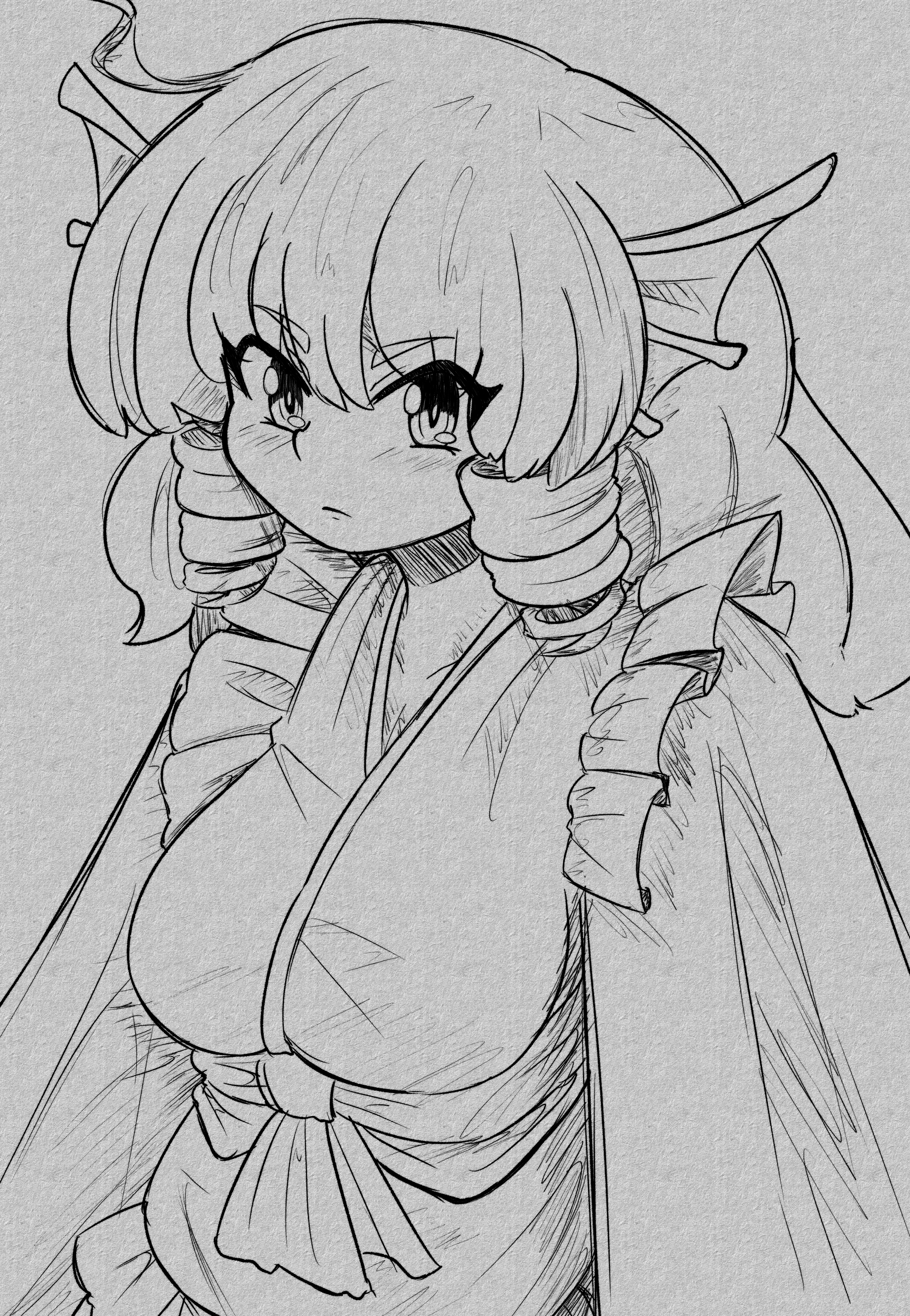 mcsquiddies, wakasagihime, touhou, absurdres, highres, 1girl, blush, breasts, closed mouth, collarbone, greyscale, large breasts, long hair, looking at viewer, monochrome, solo, upper body