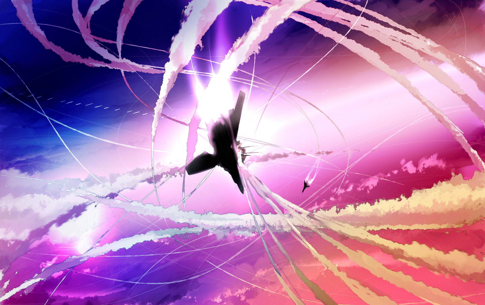 yoshioka yoshiko, vf-1, choujikuu yousai macross, macross, 1980s (style), highres, action, aerial battle, aircraft, airplane, battle, cloud, contrail, explosion, fighter jet, itano circus, mecha, military, military vehicle, missile, no humans, oldschool, retro artstyle, robot, sky